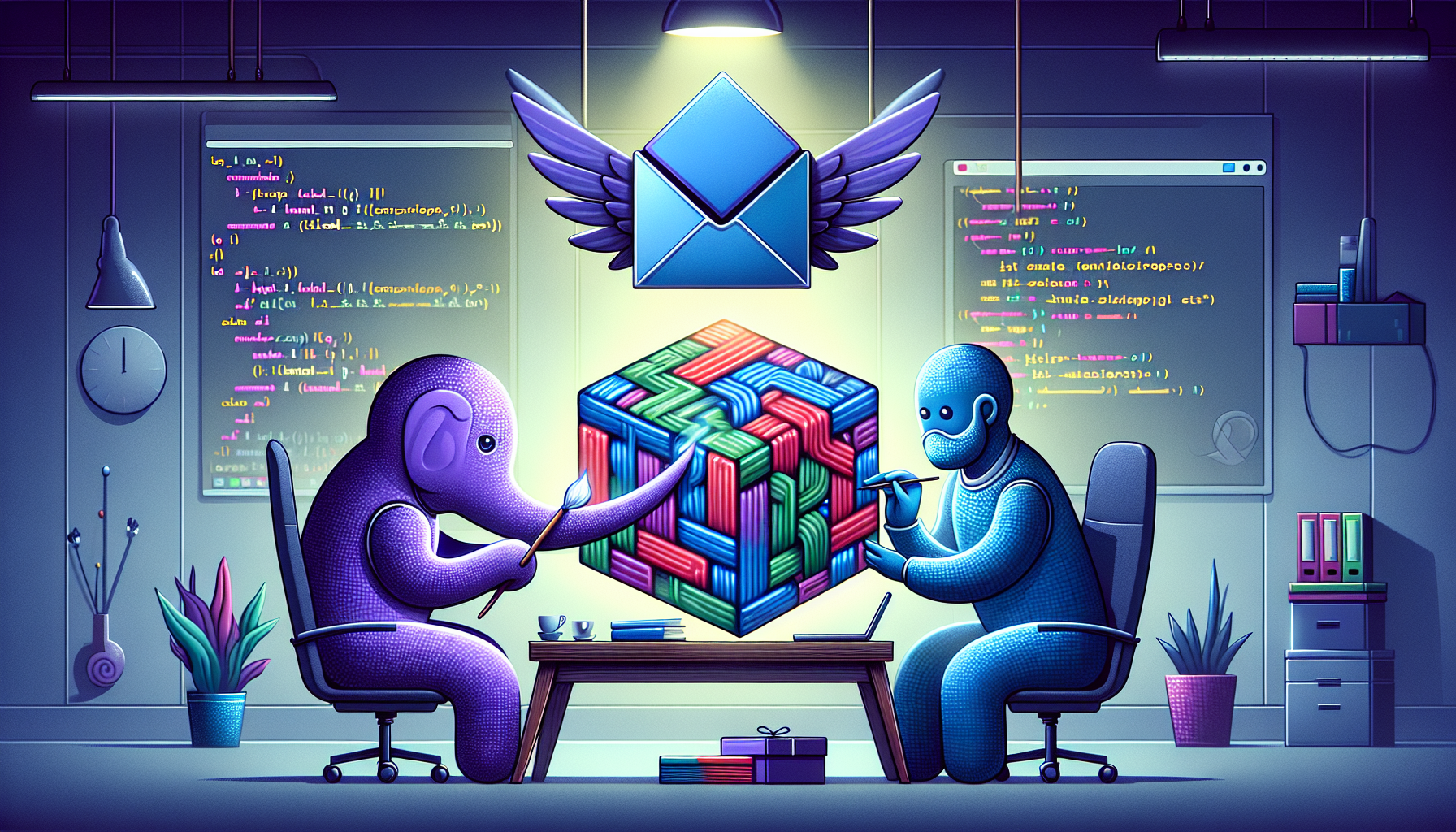 A visually engaging illustration that represents the concept of PHP coding and email services. The image consists of abstract, anthropomorphic representations of PHP represented as a purple elephant figure and Email represented as an envelope with wings. Both characters are engrossed, forging something that symbolizes HTML emails: a bright multi-colored cube with an intricate, woven structure. The environment is a simple, clean desk set in well-lit office with a sleek computer screen glowing with code snippets. The overall color palette hints at technology - cool blues, purples, and grays, with pops of warmer hues for contrast. Note: No brand names, logos, text, or depictions of people.