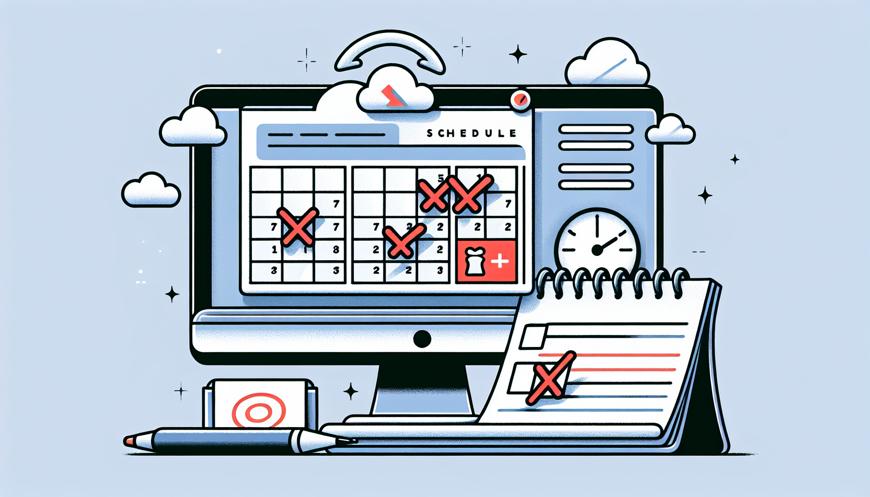 An image illustrating the process of resolving a 'Missed Schedule' error in a generic blog management system. To denote the system, display a simplified representation of a computer screen showing a calendar with a red cross symbol depicting a missed task. Next to the screen, show a generic scribble pad with a checklist, implying the troubleshooting process. Above the screen, show a cloud with a clock inside, representing scheduling posts. This should be a clean digital illustration with no people, text, or brand logos.