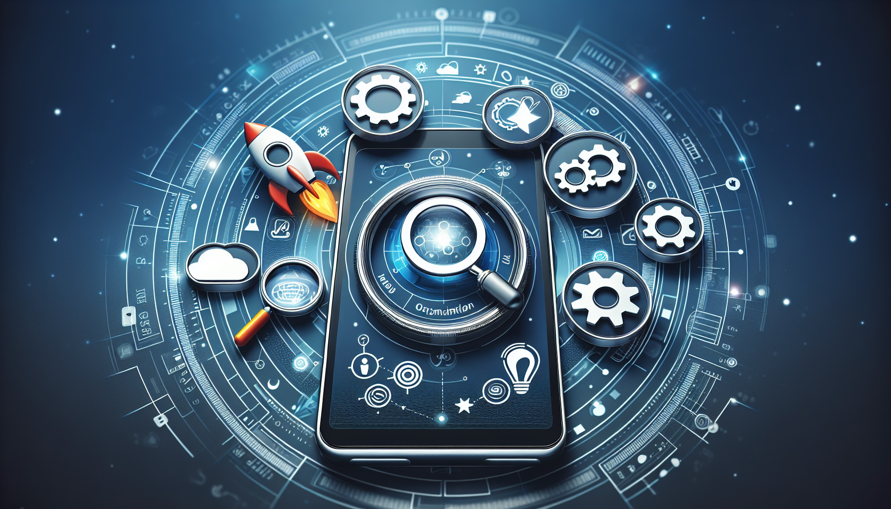 A mobile device displaying an interface resembling a content management system with attention four key symbols. The first, a rocket, suggesting speed and optimization. The second, a magnifying glass, symbolizing fine-tuning and specifically searching. The third, a gear, signifying settings or customization. And lastly, a light bulb for innovative ideas or creativity. Everything is surrounded by digital imagery implying wireless connectivity and cloud functions. All symbols are generic and not associated with any particular brand.