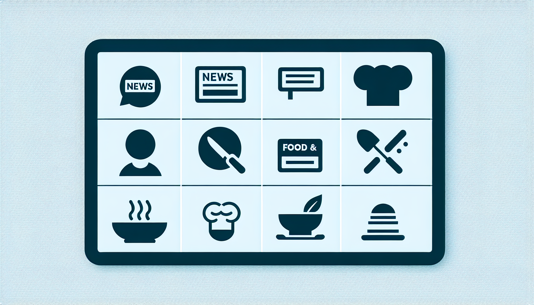 An image displaying a visual guide without text for a blogging platform. The picture includes different categories denoted by unbranded generic symbols. For instance, a symbol for news denotes the 'News' category, while a cooking hat denotes 'Food & Cooking' category. Avoid showing any people or identifiable brand names and logos. All symbols are designed in a minimalist style, with the color palette consisting of cool blues and grays to maintain a professional look.