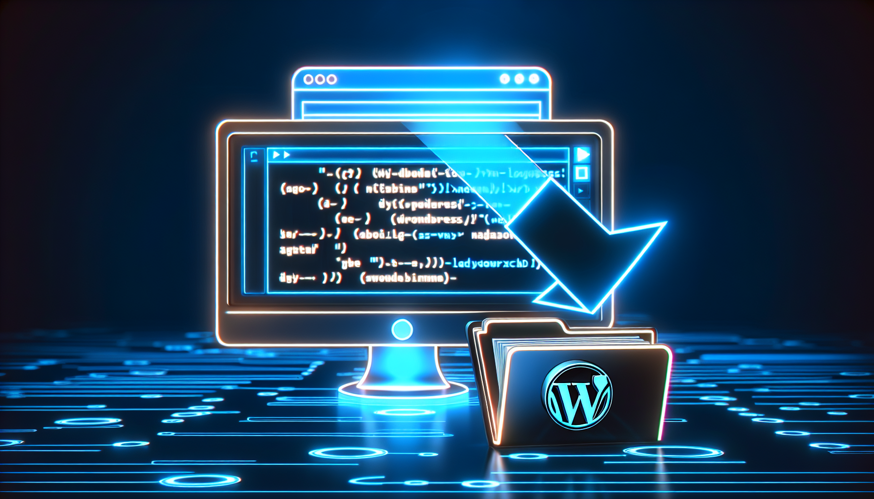 An image depicting the concept of restoring a WordPress site from a backup file. There is a digital representation of a computer screen, and it is displaying some generic code lines that hint towards website development. Next to the screen, there's a digital folder symbolically representing a backup file. Above all that, a large, stylized arrow suggests the action of restoring or updating. There is a modern, glowing neon aesthetic to the whole image. Please avoid actual text, logos, brand names, and any human figures.