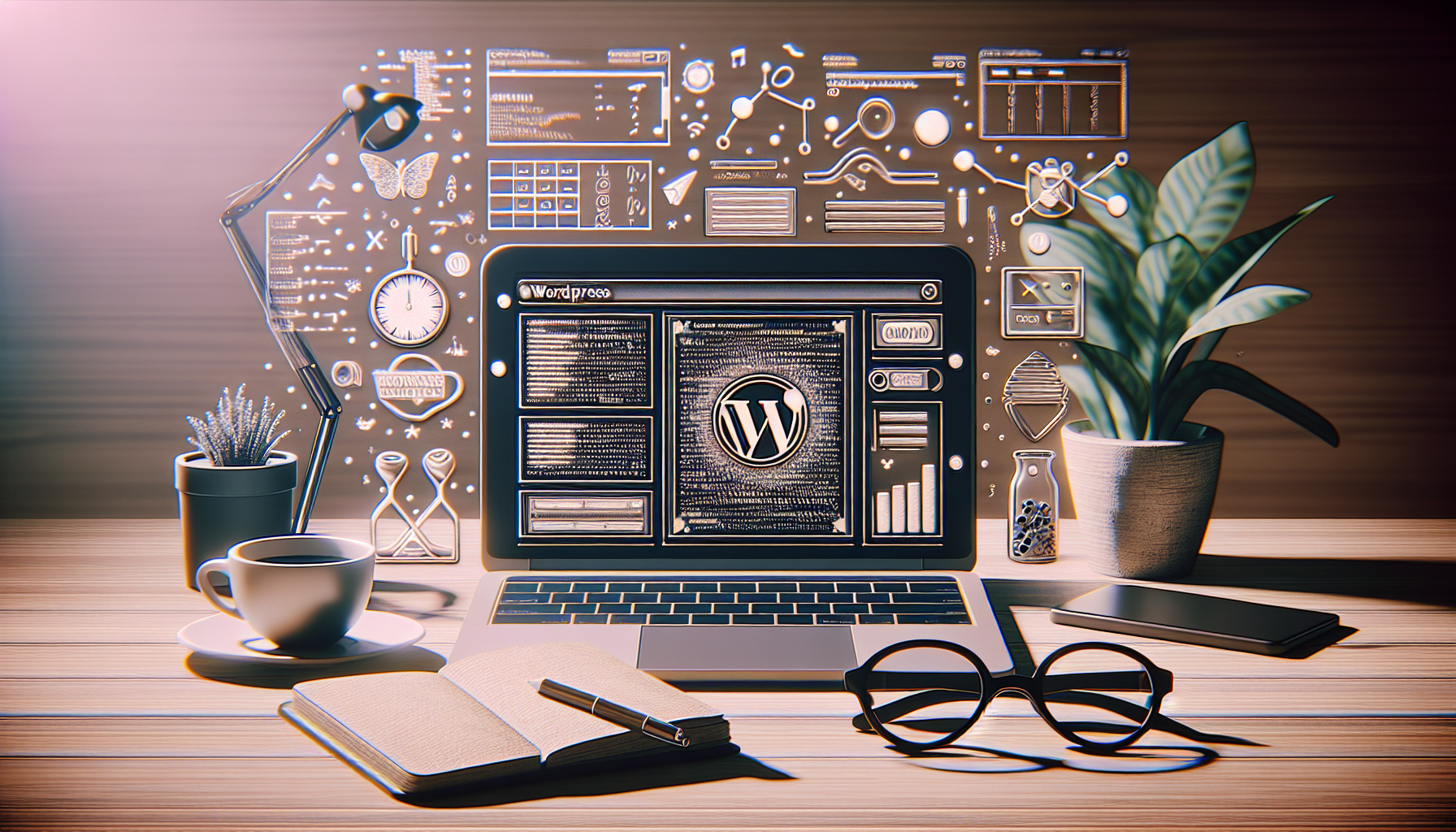 Imagine a depiction of the concept of WordPress customization and readability without people, text, or brand names. Visualize a generic laptop in an inviting workspace, the screen slightly glowing with ambiguous symbols and code representing customization options. Beside it, a pair of glasses to signify readability and a small cup of coffee, conveying the notion of an extended work session on improving a blog's user experience. Balance it out with a tranquil backdrop, including a plant and a non-branded notebook, emphasizing the serene and constructive setting.