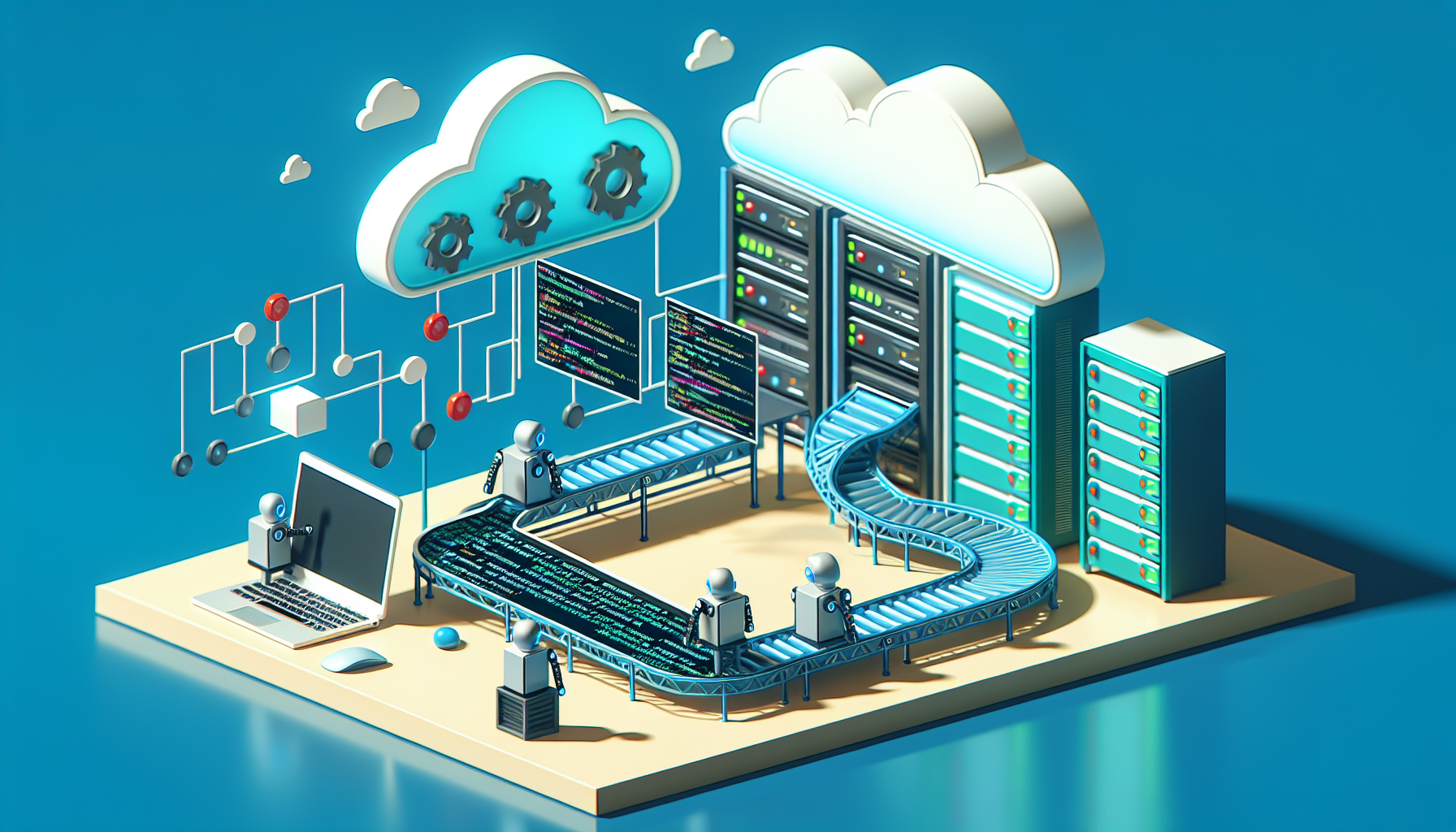 A digital artwork illustrating the concept of automating the process of migrating a WordPress site. The image might include symbols like code snippets, server racks, and network connections but no text or brand names. A conveyor belt could be extending from a laptop towards a cloud, symbolising the migration process. Robots could be managing this process, emphasizing the automated aspect. The colours used could be typical of modern tech and web design aesthetics – blues, greens, and whites.