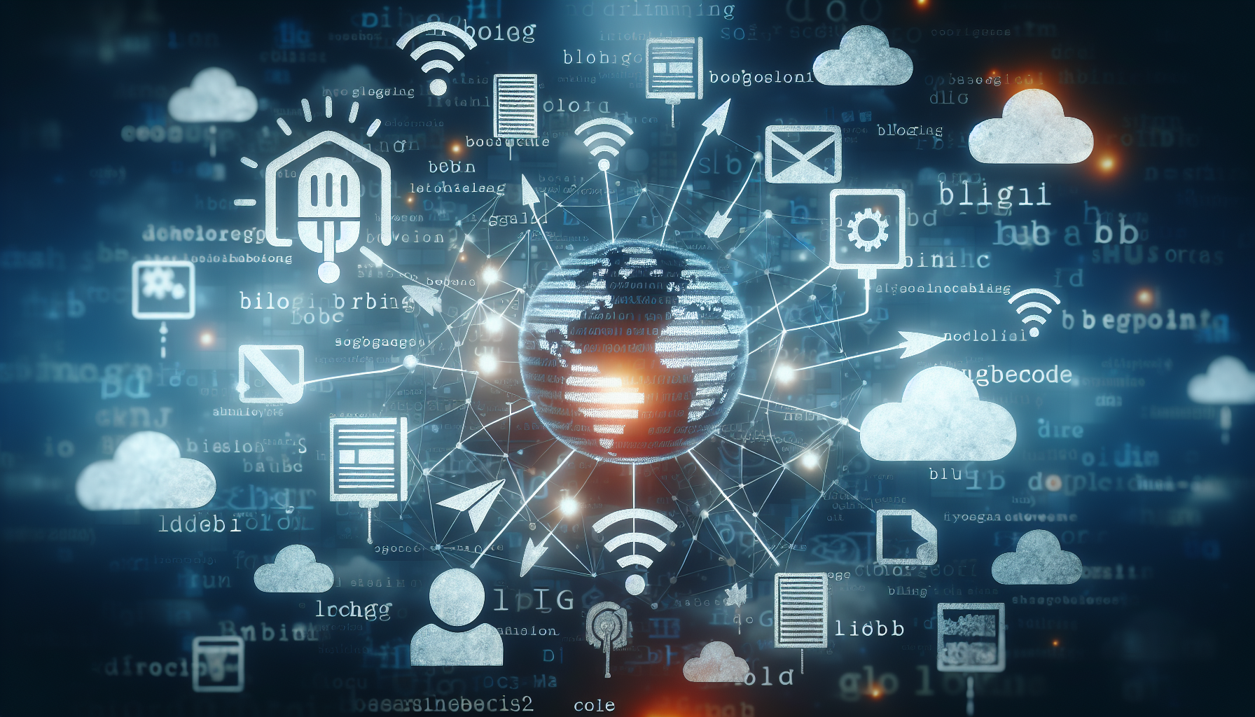 Depict a network of interconnected blogging symbols without including any text or brand names. Show some of the symbols emitting code-like graphics to give the impression of a 'code approach'. Surround these symbols with digital clouds, portraying a technological atmosphere. Make it clear that the image is devoid of human presence.