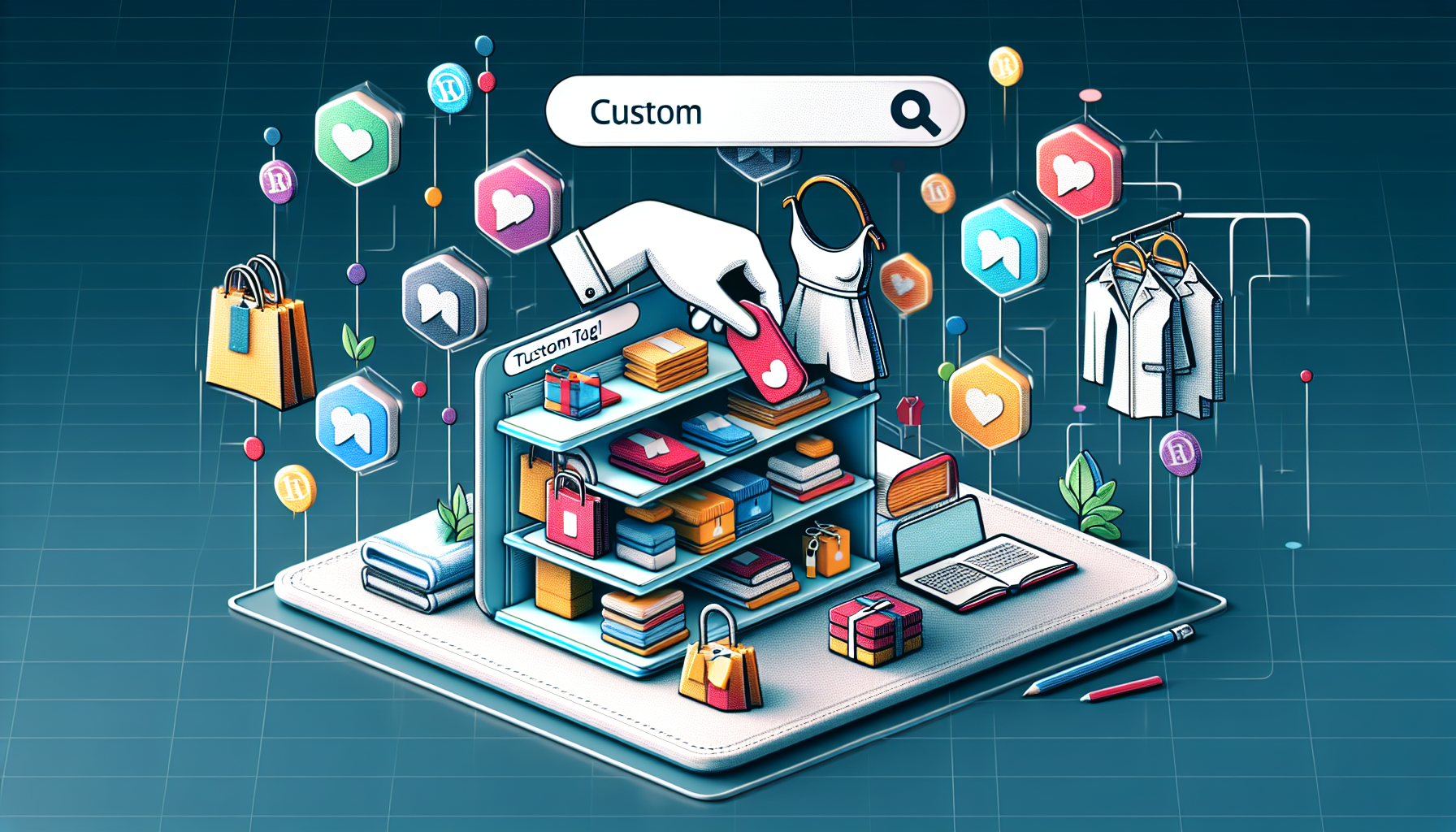 A graphic representation displaying the process of enhancing e-commerce product visibility. The scenario includes a set of unbranded products like a clothing item, an electronic device, and a book, aligned on a shelf in a virtual store referenced as a WordPress website. An abstract, symbolic hand is seen placing custom tags represented by colorful shapes on each product. A search bar above provides a sentiment of looking for tagged products. Please remember, this entire scene is without any text, brand names, or people.