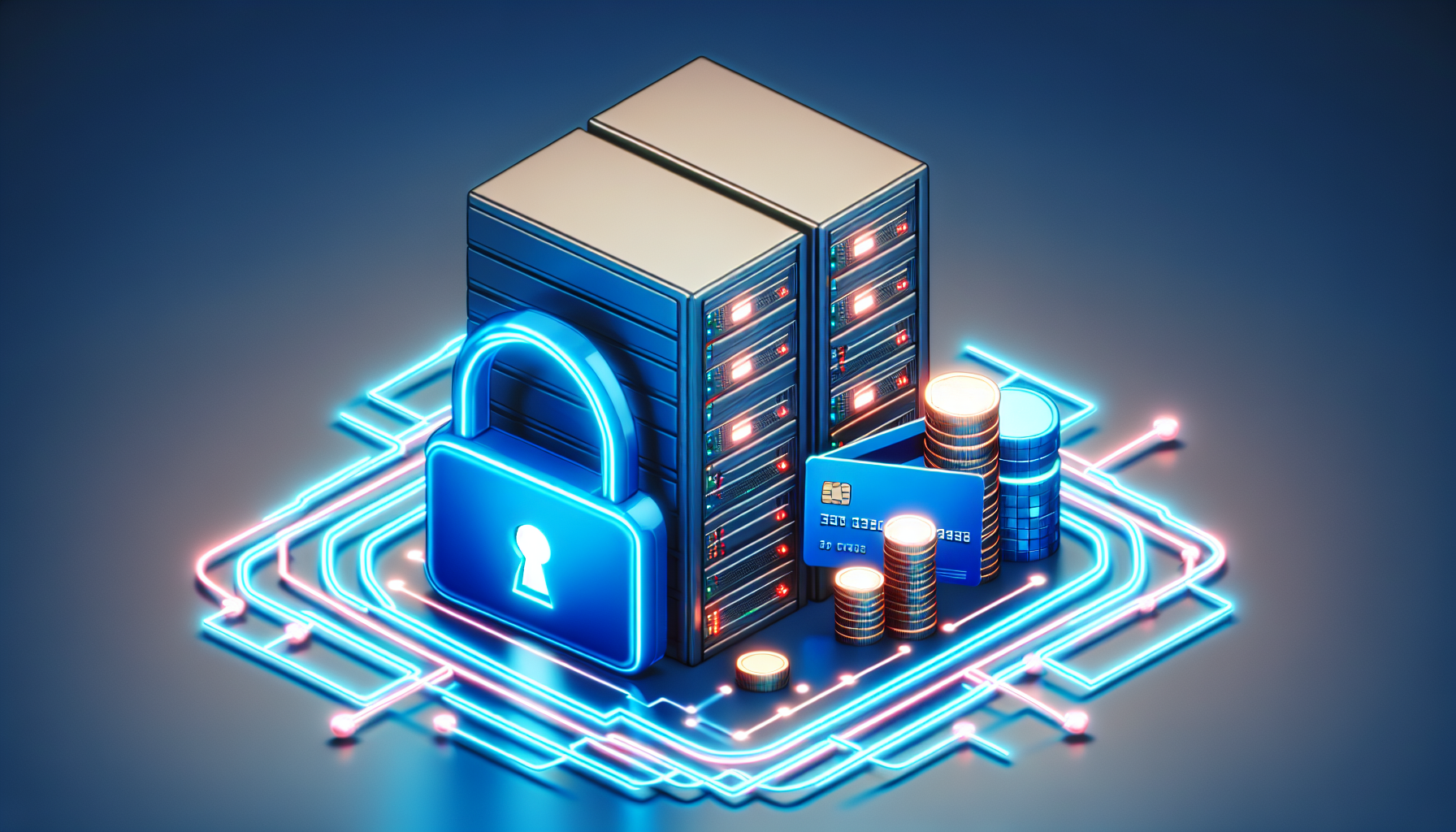 A symbolic representation of a PHP web application. Picture a cluster of generic server racks glowing blue, interconnected with neon lines, representing data flow. Nearby is a conceptual representation of a secure digital transaction: a lock, a credit card, and coins, all made of pixels. These elements are subtly shaded in the colors traditionally associated with online payment platforms, but no specific brand names or logos are depicted.
