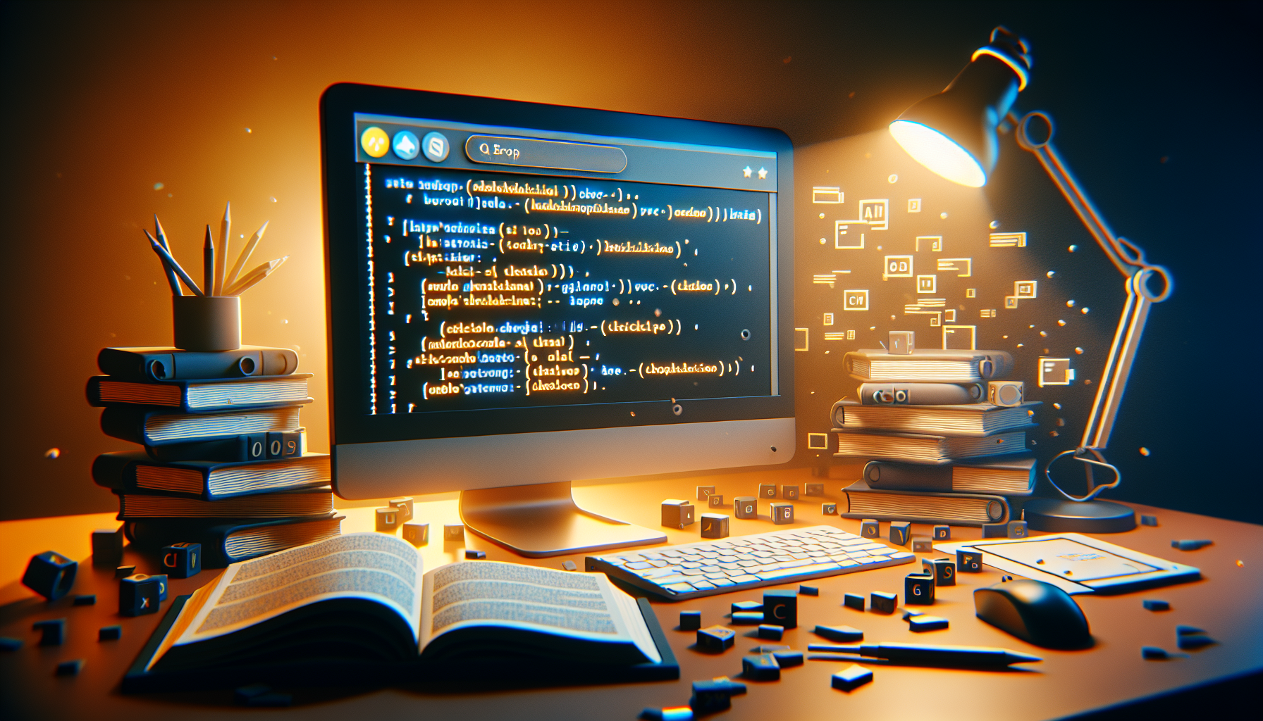 An image representing the concept of embedding video playlists in a web development context. The scene includes a simplified representation of a computer screen showing blocks of embed code, with distinct sections indicating different parts of the shortcode function. Next to the computer is a stack of textbooks with hints of code snippets on the visible pages, underlying the theme of web development. The mood is energetic yet focused, with a warm desk lamp illuminating the scene. All of these elements respect the avoidance of including text, people, brand names, and logos.