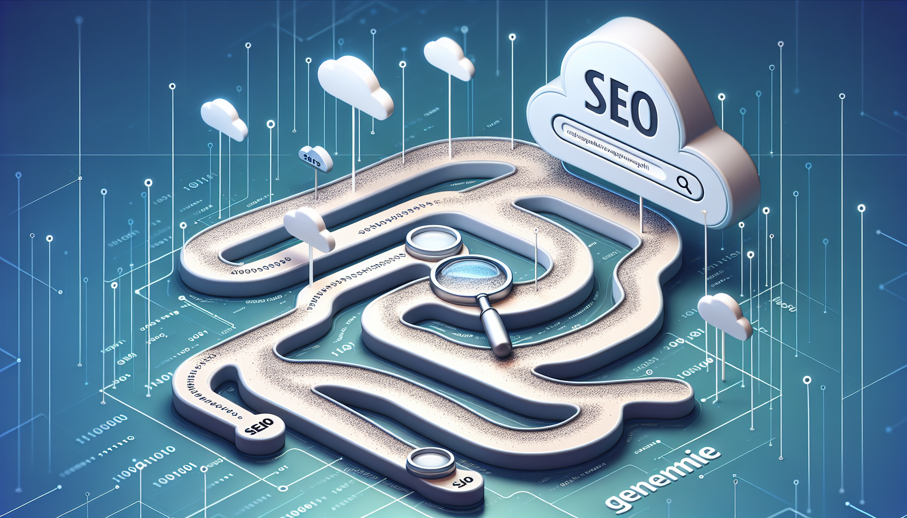 An illustrative representation depicting the concept of an SEO-friendly breadcrumb trail in a generic CMS theme. The scene focuses on a simple, abstract visual metaphor of breadcrumbs along a trail, symbolizing navigation within a website. At the beginning of the trail, there's a magnifying glass indicating SEO, leading through intermediary nodes towards the finish line represented by a stylized, generic, non-branded theme symbol. All this set against a digital backdrop, replete with abstract binary code and search algorithms. The design is modern and minimalistic, embodying the ethos of contemporary web design while abstaining from any textual elements or human presence.