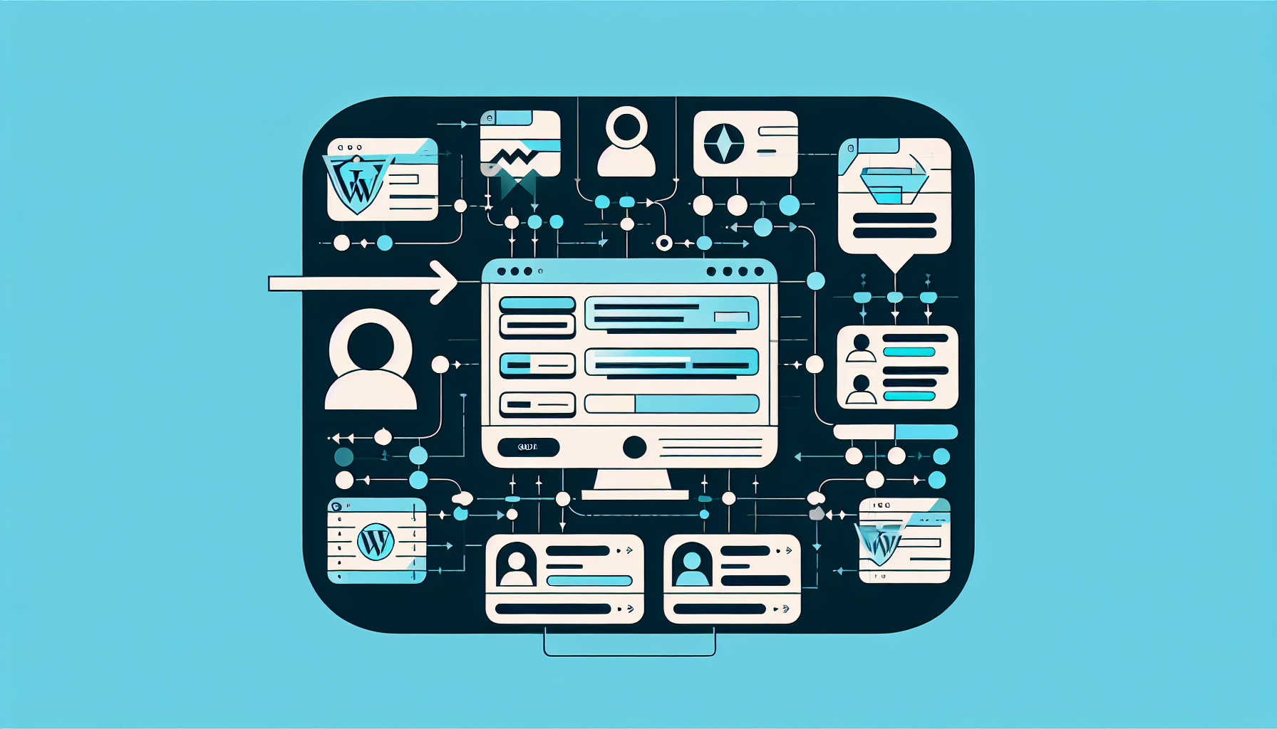 A minimalistic visual representation of a WordPress website management concept. The image includes a digital screen containing a design suggestive of a website, with abstract symbols or shapes indicating individual user profiles, and different shades or colors denoting their varied access levels or roles. Additionally, there's also a flowchart showing the process of assigning these roles, with arrows pointing from an abstract representation of code to these user profiles. All of these are rendered without any textual labels or brand logos, ensuring no copyrights are infringed.