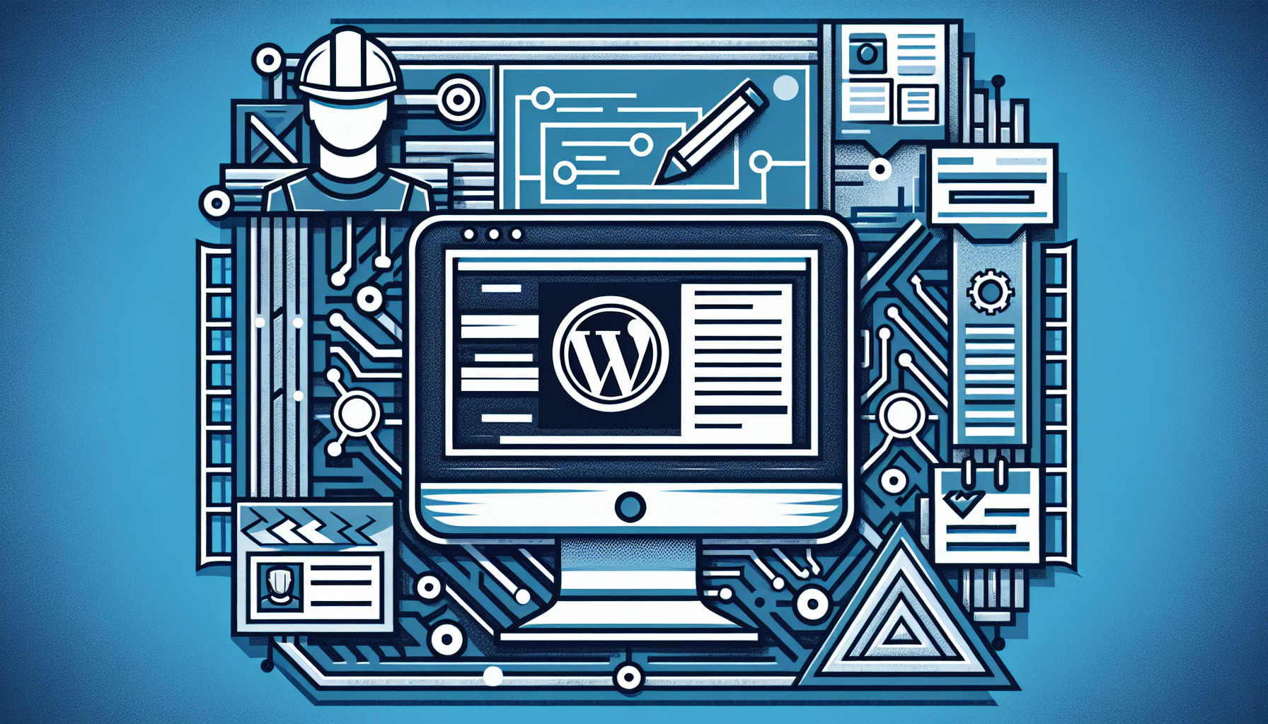 An image representing the concept of building a job board using WordPress with front-end submission features. The image should include symbolic elements such as a construction blueprint for a software project, a stylized representation of a computer with WordPress logo on its screen, and a stylized form or document symbolizing front-end submission. The computer and form should be surrounded by abstract design elements that give the impression of a job board. Avoid including any text, brand names, logos, or people in the image.