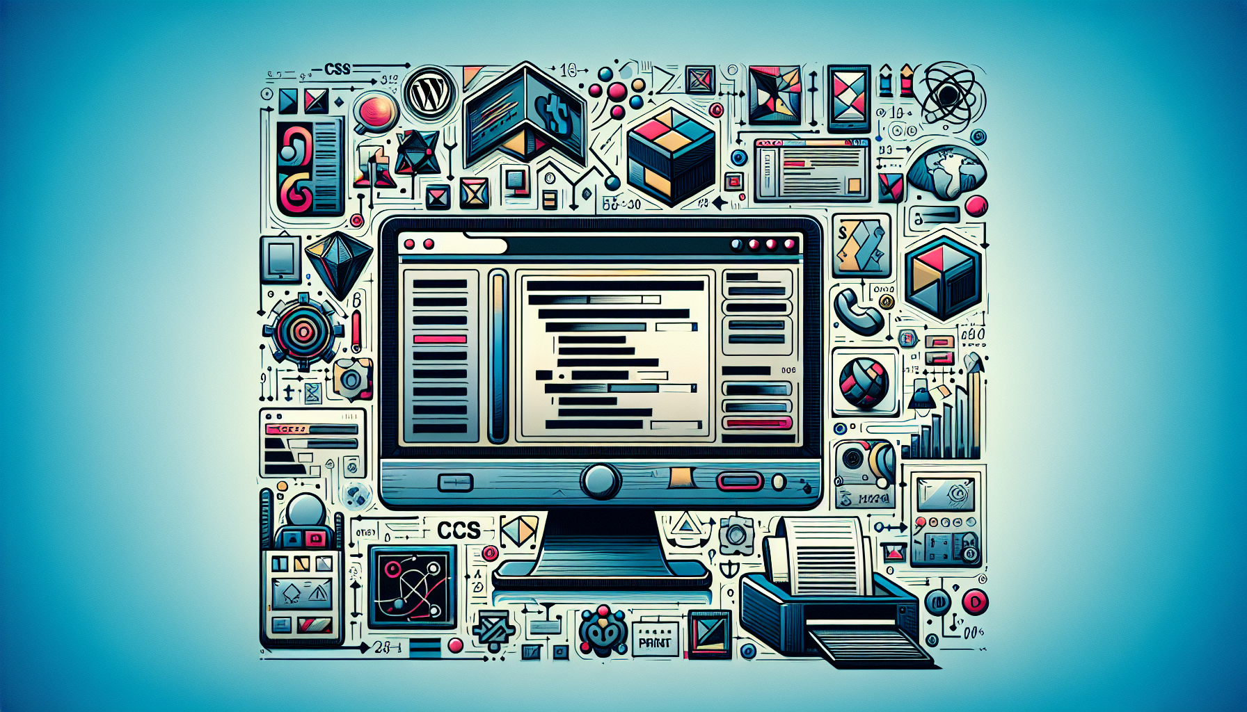 An abstract conceptual illustration showing the customization of WordPress themes. The image consists of generic, unbranded computer displays showing a non-specific, stylized web interface. The adjustments made to the interface are symbolized by abstract shapes, lines, and design elements that suggest aesthetic changes. Additionally, there are elements that represent CSS; mathematic symbols and geometric shapes appearing near the screens, implying the coding element involved in the customization. There are also symbols representing print, like paper and printer icons in an abstract manner. No text, brand names, or people are present in the image.