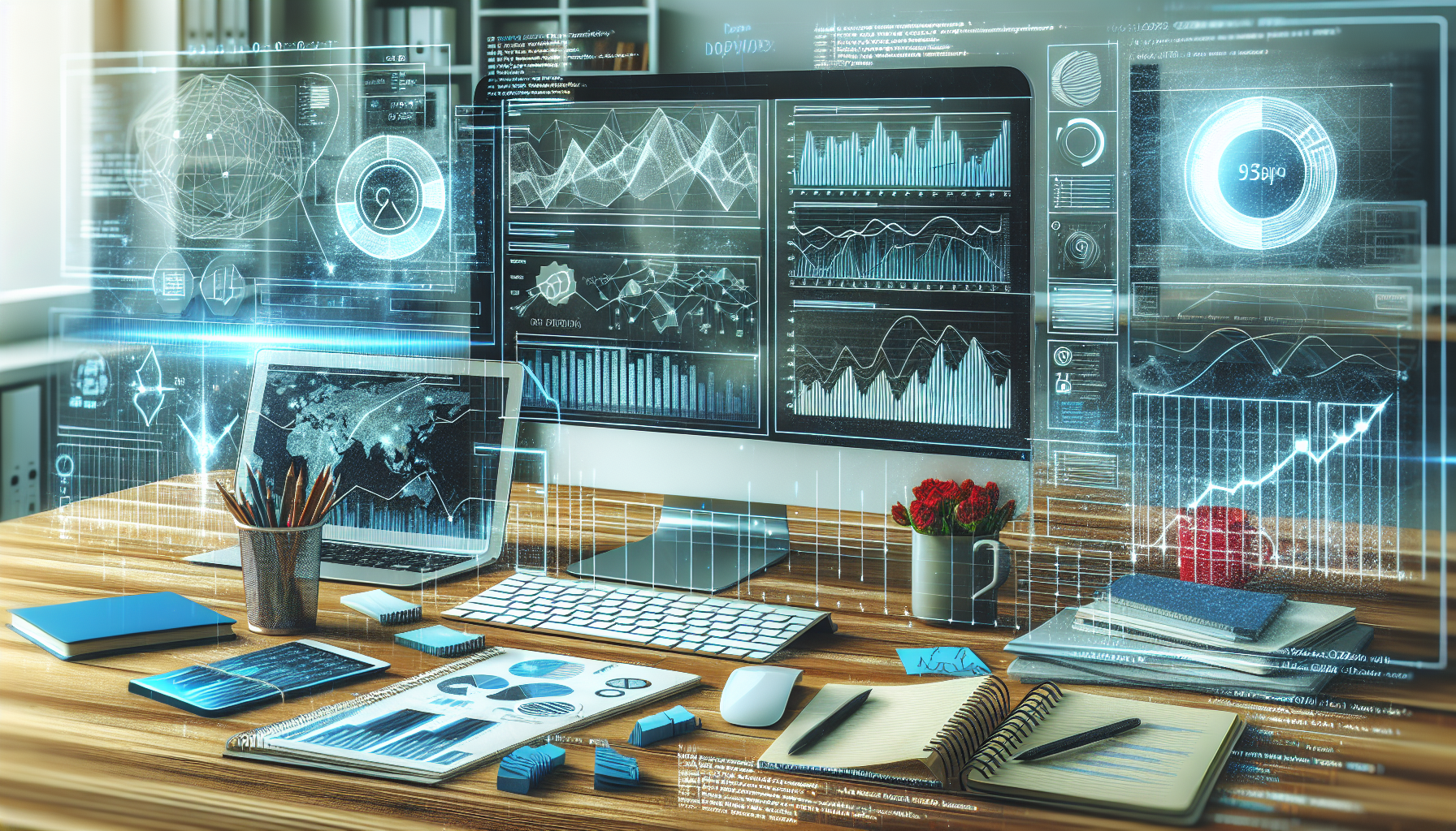 An image illustrating a workstation prepared for software development. Display a desktop with multiple open windows showing graphs, charts, and lines of code, capturing the concept of user engagement metrics and plugin creation. Beside the computer, include a cup of coffee and notebooks for planning. In the background, present an abstract digital code pattern. Remember to exclude all brand names, logos, or identifiable texts on items, and no people should be in this image.