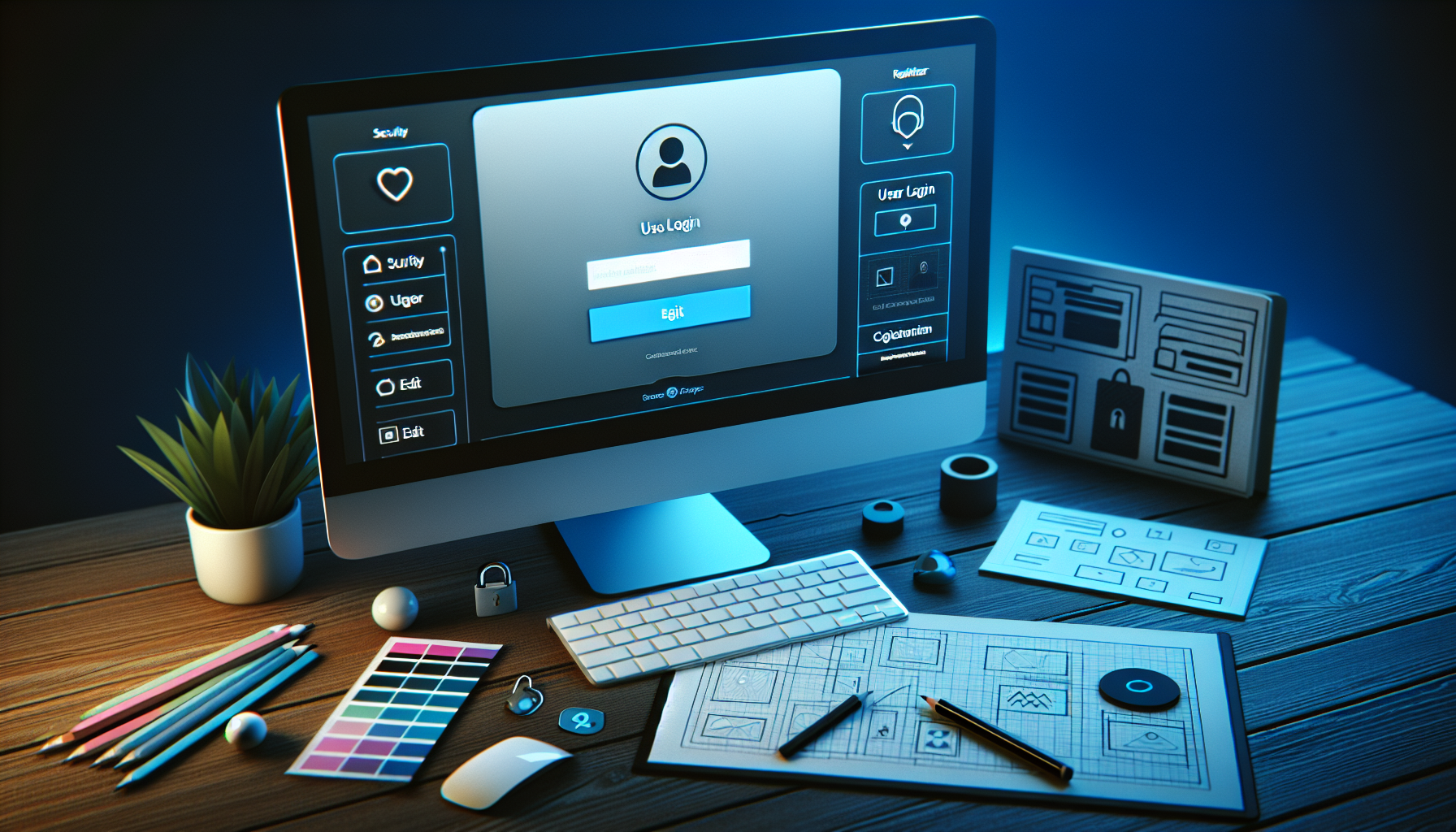 A glimpse into the process of customizing web pages. The main focus of the image is a computer screen displaying a simplistic yet sophisticated website login and registration interface. The screen is illuminated with the blue glow of the screen, with various non-branded icons like a lock, user avatar, and pencil to represent security, user login, and edit options. Beside the computer, a variety of generic design elements are scattered on a wooden desk as if someone was brainstorming, including color palette chips, a graphing pad with wireframe sketches, and a stylus pencil.