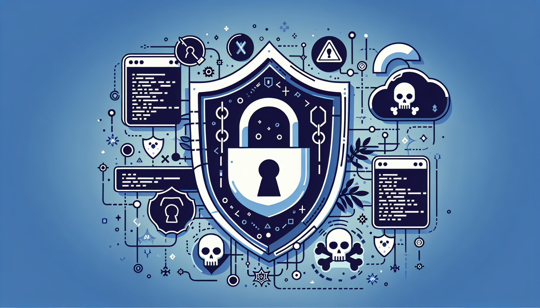 An abstract illustration representing website security concepts. The image shows a shield symbolizing security measures, with symbols of code snippets floating around it. Not too far away, there's a cloud of hacker symbols like skulls and crossbones trying to penetrate the shield but being repelled. No text, human figures, brand names or logos are present.