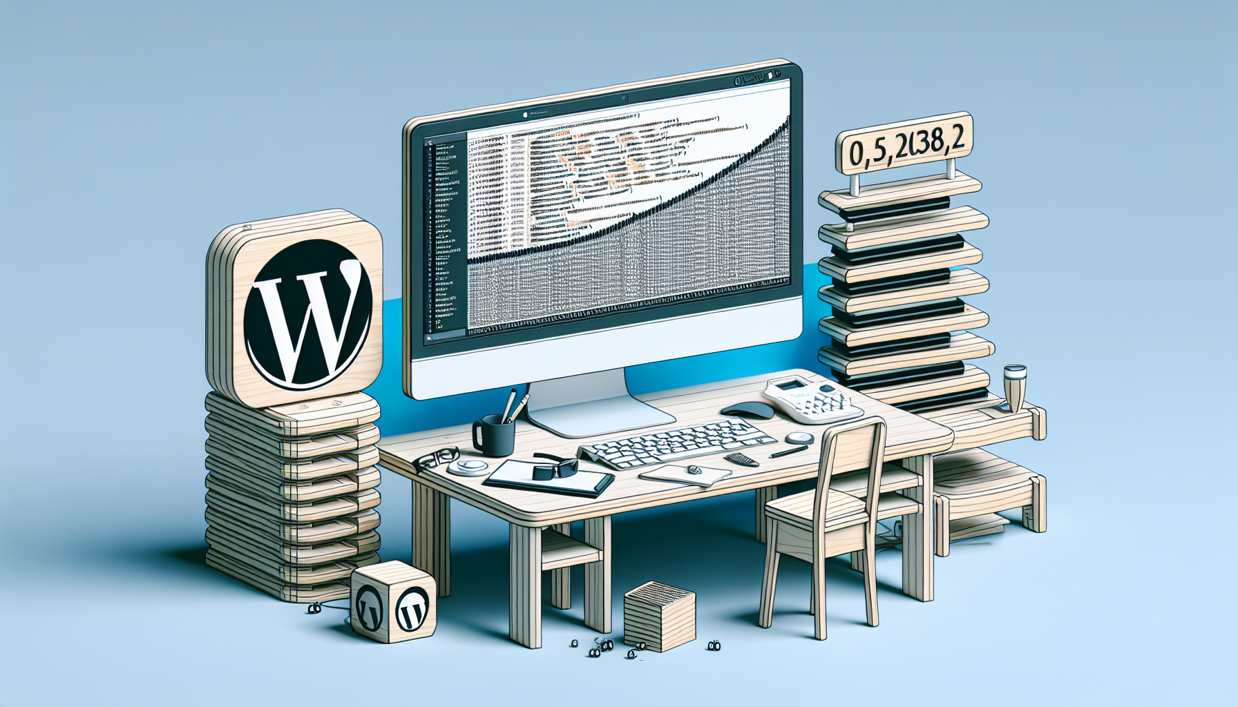 An image for an article about developing a visitor counter for Wordpress posts using PHP. The scene includes a desk with a computer screen showcasing lines of code, and a graphical representation of a counter with incrementing numbers. To its side, there's a Wordpress logo made of simple geometric shapes without any text. All items within the image are void of brand names and logos, including the computer and other items on the desk. The scene is devoid of people, highlighting the focus on the software development aspect of the article.