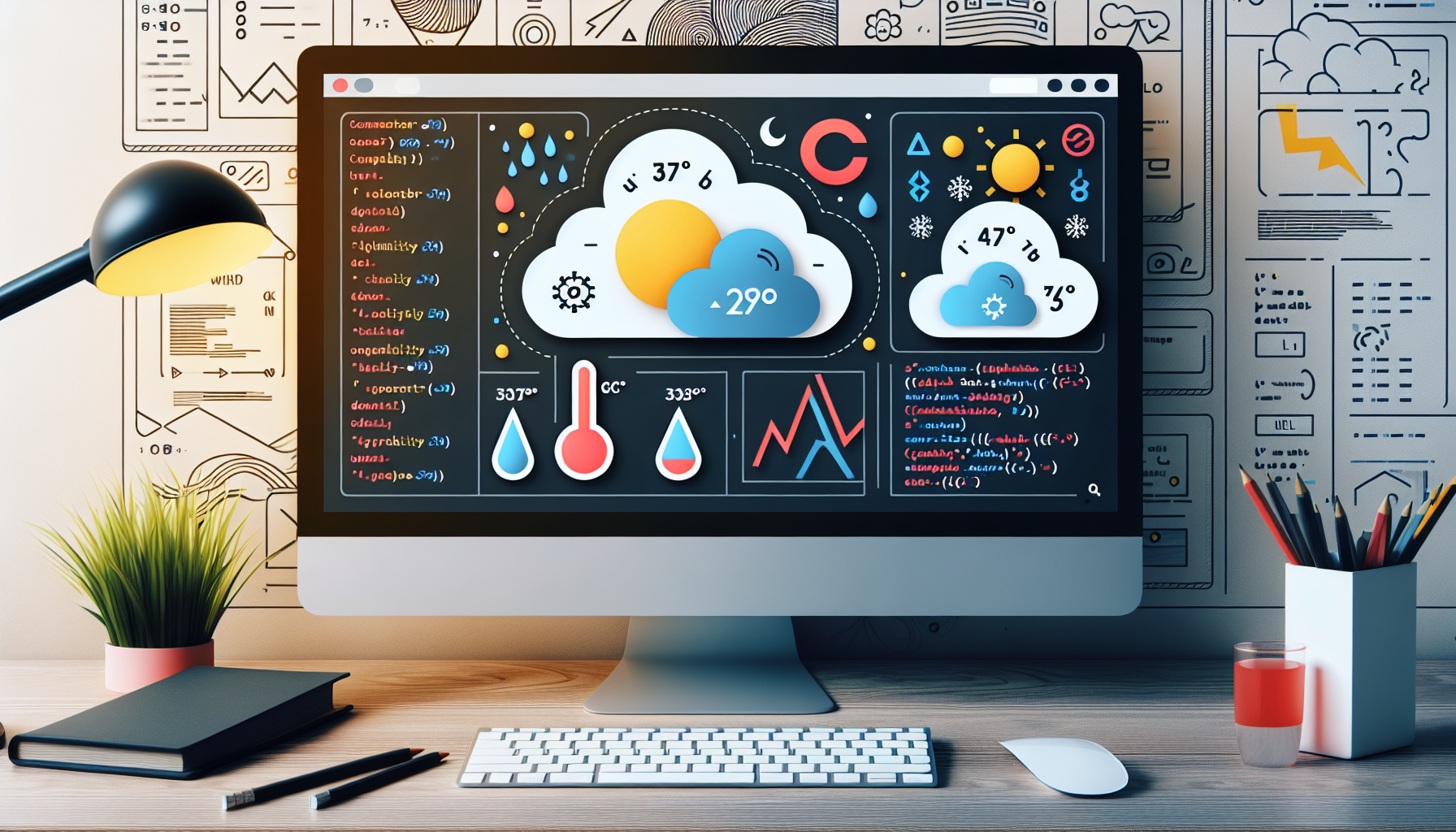 Generate an image illustrating the creation of a weather widget on a content management system. Show a computer screen where the interface of the content management system is visible. On the screen, a simplistic weather widget indicating the temperature, humidity, wind speed, and an icon for the current weather conditions should be in development. Beside it, show symbols of coding language without revealing actual code. Let a backdrop of an abstract weather-themed design be present to emphasize the weather widget development. Do not include any text, people, brand names or logos.