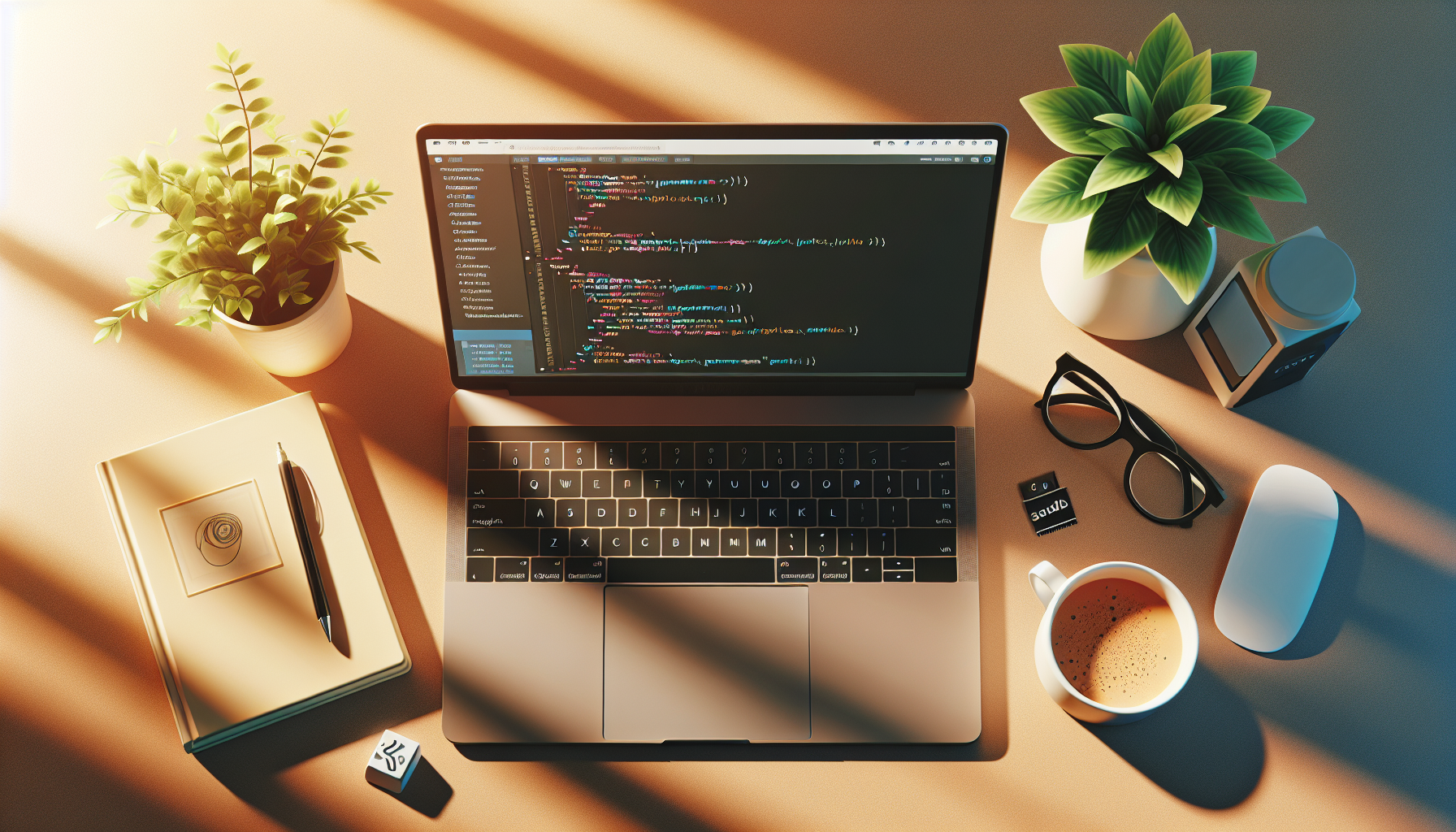 An image showing a bird's-eye view of a desk workspace. The workspace includes a laptop showing basic HTML coding without any identifiable brand. There's a coffee cup and a set of eyeglasses. To the side, a plant is comfortable in its pot and sunlight is pouring from the window. On the screen of the laptop, a wireframe of a web form is visible, hinting at the process of creating a form without the use of plugins. The colors are warm and welcoming, promoting a cozy coding atmosphere.