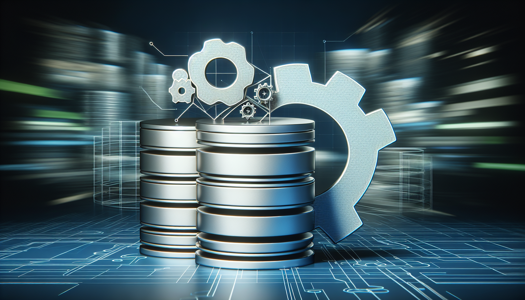 An abstract visualization of a database symbol combined with a gear sign representing automation, situated in front of a fast-moving background to indicate improved performance. The elements are carefully entwined not to resemble any specific logo or brand, and the scene does not include people or any text, even on objects.
