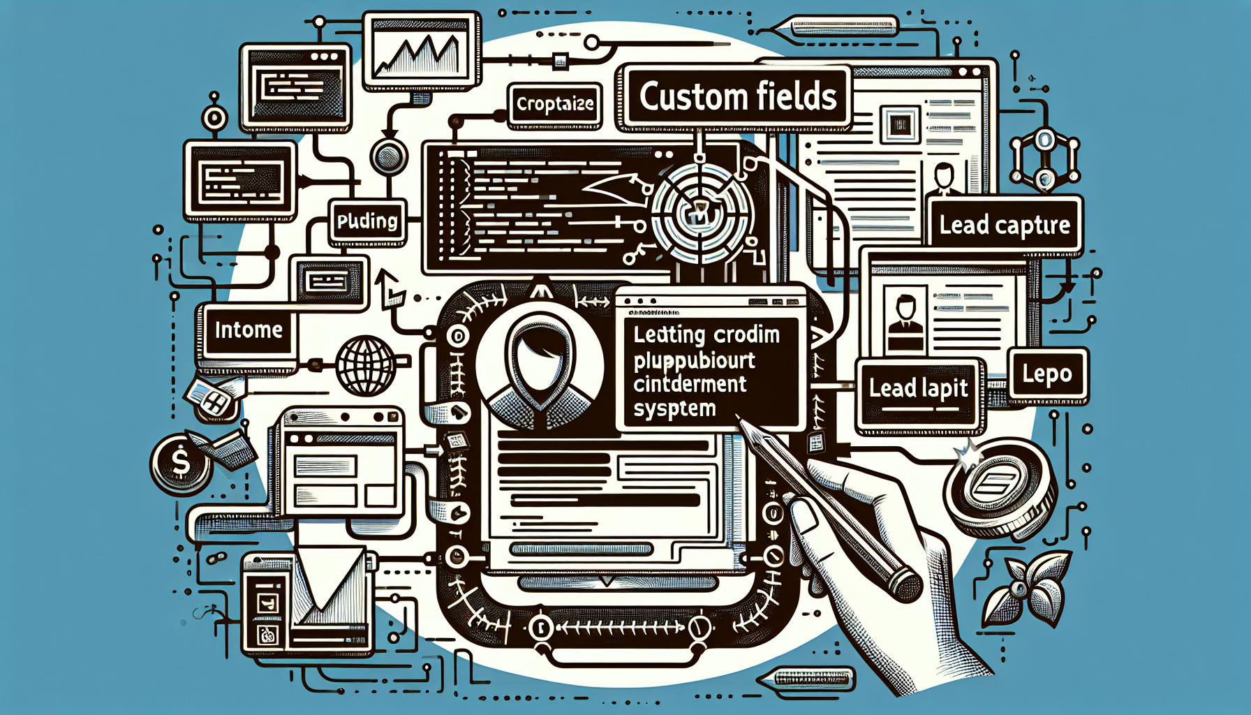 Visualize a digital interface dealing with coding and website development. The design should convey the process of crafting a plugin for a popular content management system. Illustrate custom fields entering the plugin, representing the lead capture functionality. Ensure no people, text, brand names, or logos are featured.