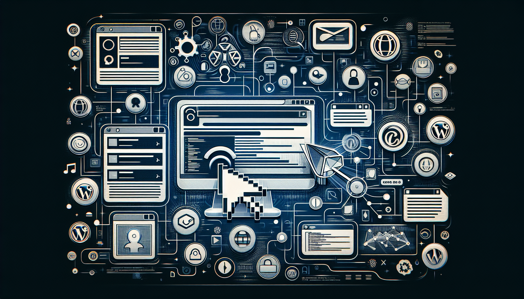 An abstract representation of the process of creating a Wordpress virtual tour using custom post types. The image features an array of digital elements associated with website design: a pixelated mouse cursor hovering over a simplified, non-branded web page layout; a several generic icons denoting features and settings; some abstract symbols representing Segments of code. All elements are being connected by flowing lines symbolizing the process flow. All displayed text has been replaced by non-descript shapes and symbols, maintaining the 'no-text' requirement. There are no people, brand names, or logos included in this image.