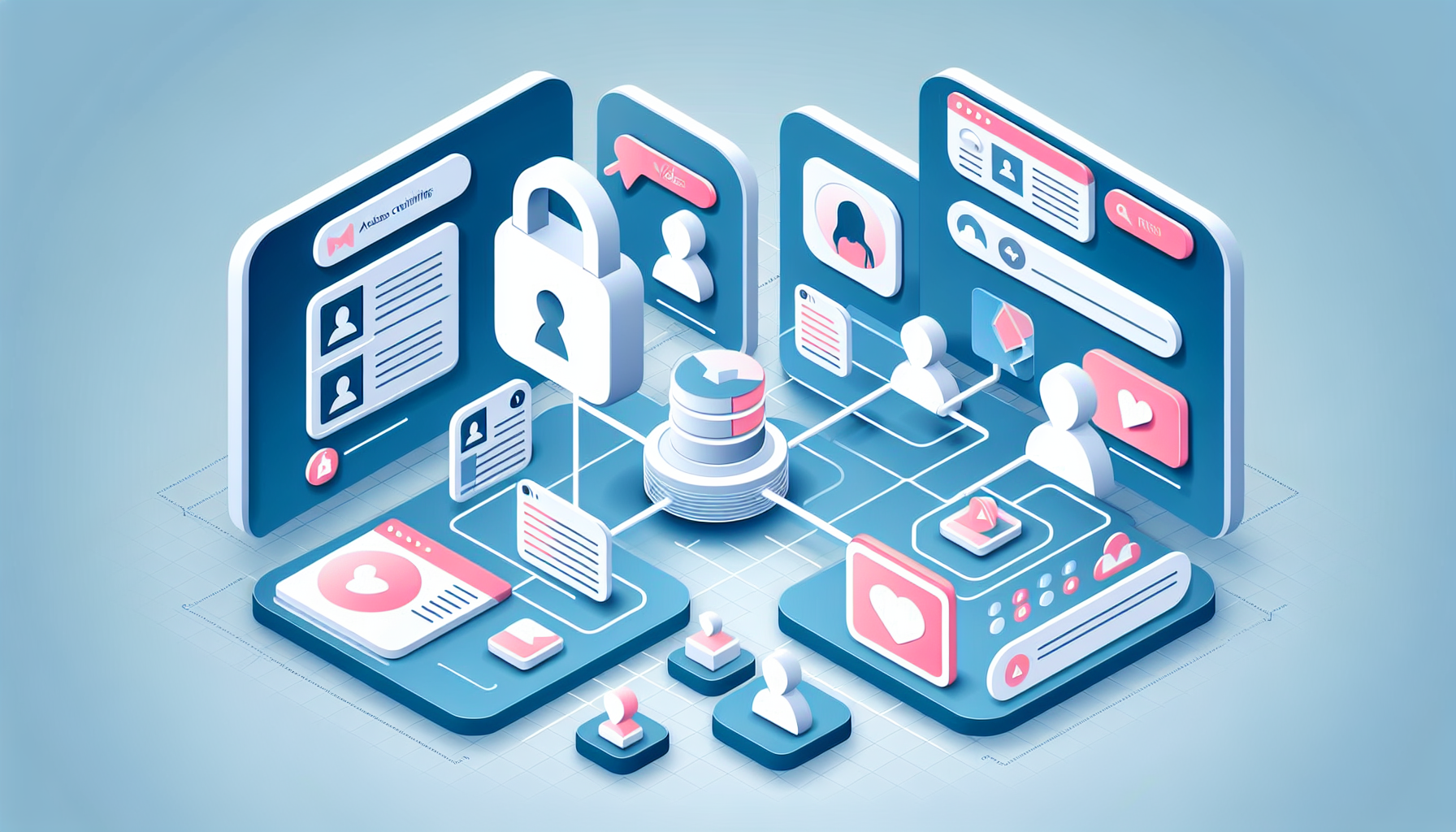 An isometric illustration of a system where user profiles interact with different elements of a generic CMS website. This environment showcases profiles with different activity levels, represented by size variation. Some profiles are interacting with blog posts, videos, and images while some are interacting with the system settings. On the right, a floating, transparent padlock symbolizes the access control, showing binary states of locked and unlocked depending on user activity. This diagram is drawn in an abstract, digital style with subtle gradients.