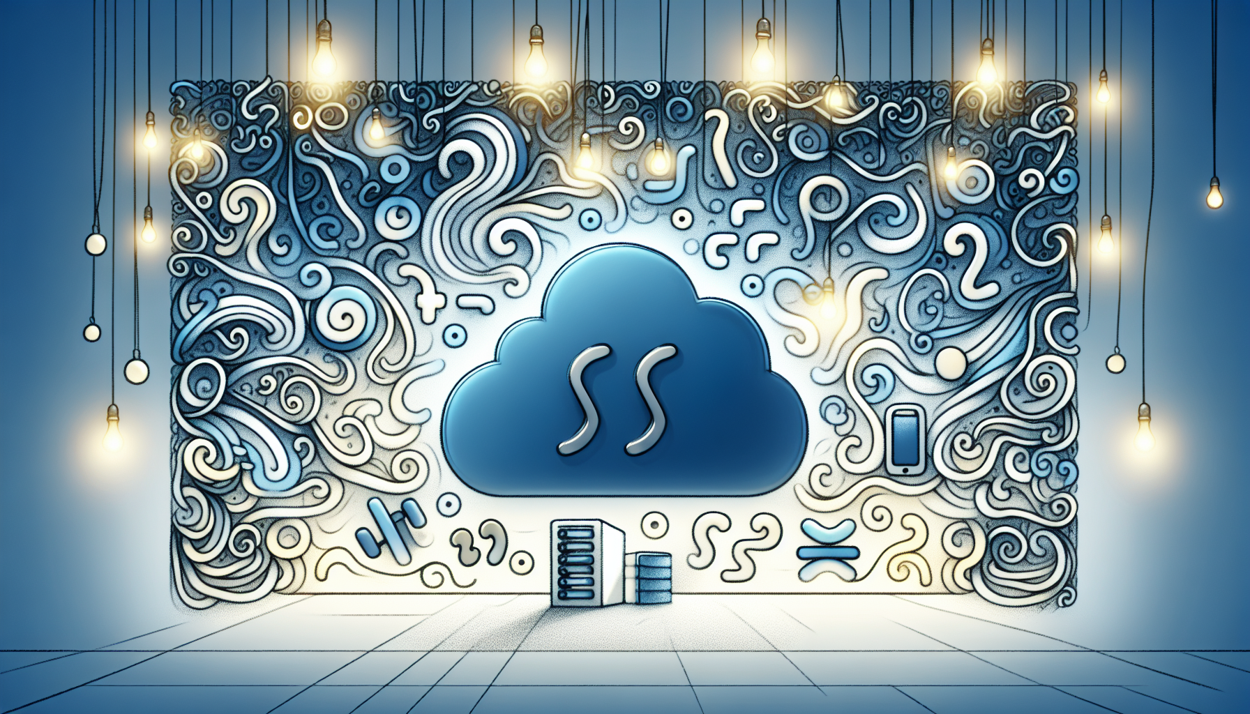 Illustrate a concept related to building RESTful APIs with PHP. Imagine an abstract representation with no human figures involved, that might include whimsical symbols indicative of coding such as curly brackets, semicolon and a PHP tag. Also, add an ethereal server image in the background, lights blinking to signify data transfer. The entire scene is subtly colored in shades of blue and white. Make sure no recognizable brand names, logos, or text whatsoever appear in the image. Also, recall the request to exclude the original request text from the final prompt.
