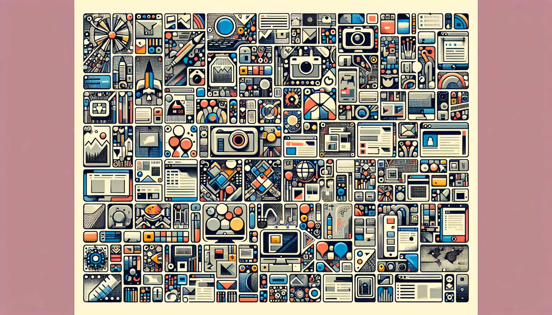 An illustration consisting of a dynamic grid full of diverse thumbnails, each representing different portfolio elements. The grid consists of different shapes and sizes, demonstrating flexibility and dynamism. Each thumbnail contains a distinctive graphic or icon representing a wide range of portfolio elements, such as a camera for photography, a paintbrush for artwork, or a waveform for audio content. Since there are no text or brand names allowed, these elements are abstract and generic in nature, focusing on the visual beauty and coherence of the grid layout instead of identifiable specifics. The overall theme remains centered around website design and content management, which can be inferred via an icon symbolizing code or digital development spotted among the portfolio elements.
