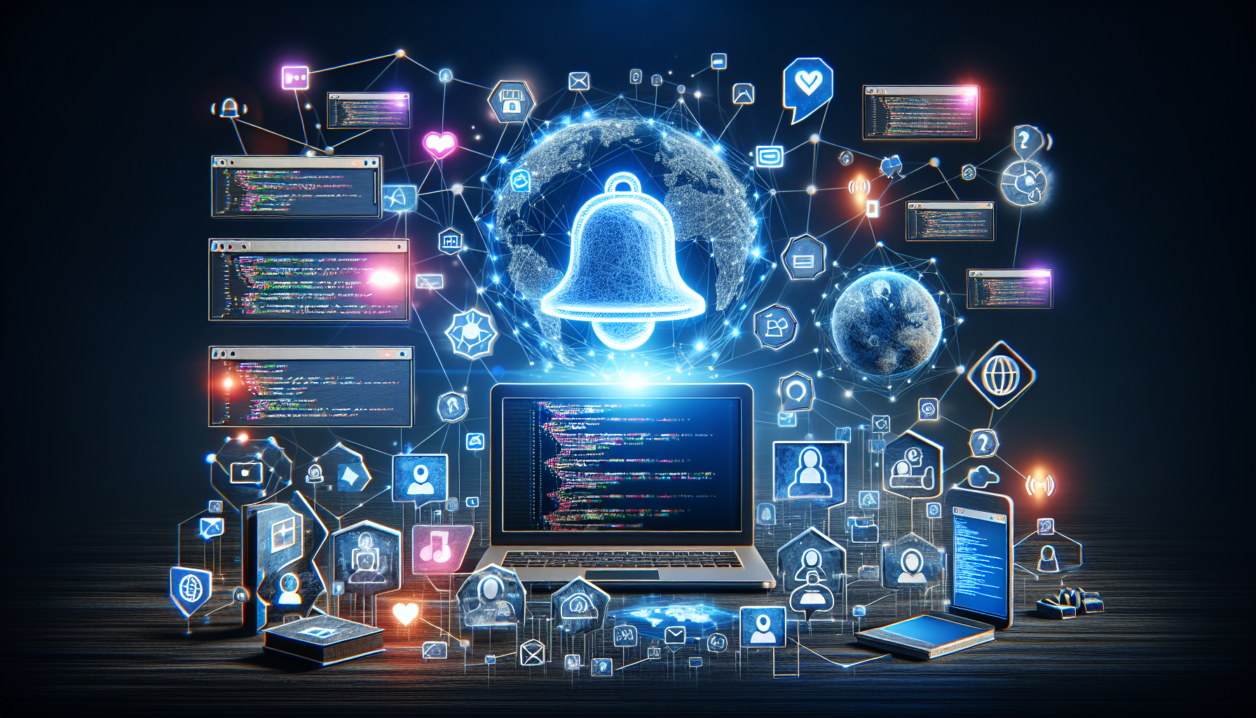 Inspirational and educational depiction of a custom notification system construction. Picture shows an assortment of web development icons such as coding window with HTML code, notification bell, 3D real-time data stream, laptop displaying a line of notification pop-ups, and interconnected global network on a glowing digital screen. This design is visually devoid of any brand name or logo, and no individuals are included in the scene.