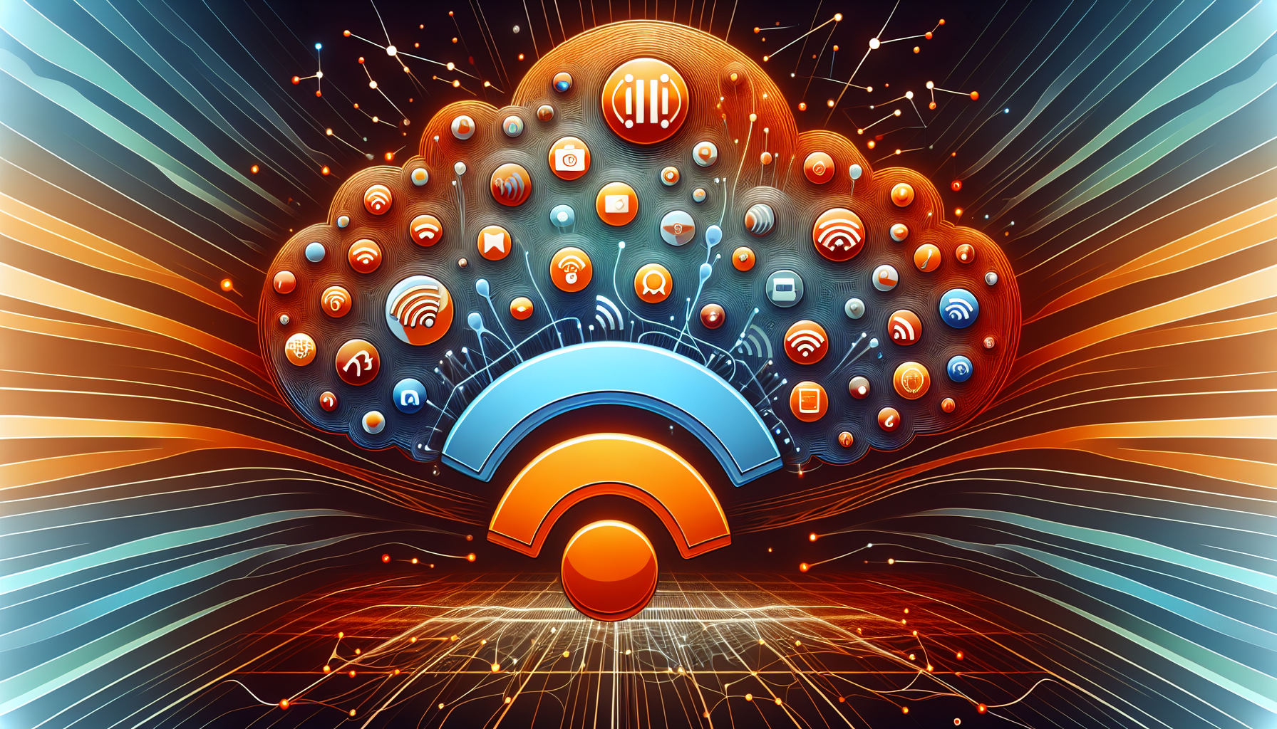 An abstract illustration depicting the concept of optimizing feeds for podcast distribution: Display a generic, stylized RSS symbol in bright orange color, radiating waves which transform into a variety of different podcast icons in vibrant colors. Illustrate these icons as hovering and smoothly flowing in a cloud-like formation, indicating a wide distribution. Make the background resemble an abstract representation of the internet with interconnected nodes, highlighting the global reach of the podcasts. Remember not to include any people, brand names, logos, text on items, or the requested text in the image.