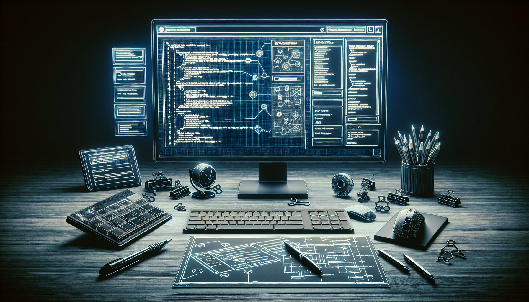 An image representing the concept of creating a custom WordPress table plugin for data display. The scene includes a digital screen showing a blueprint which has various elements symbolizing coding structures. Beside the screen, there are several suitable tools for web development scattered around, including a keyboard, mouse, and digital pen. Despite the realism, the image does not contain any brand names, logos, or textual information, in accordance with the request. Additionally, there is no human presence in this purely technological scene.