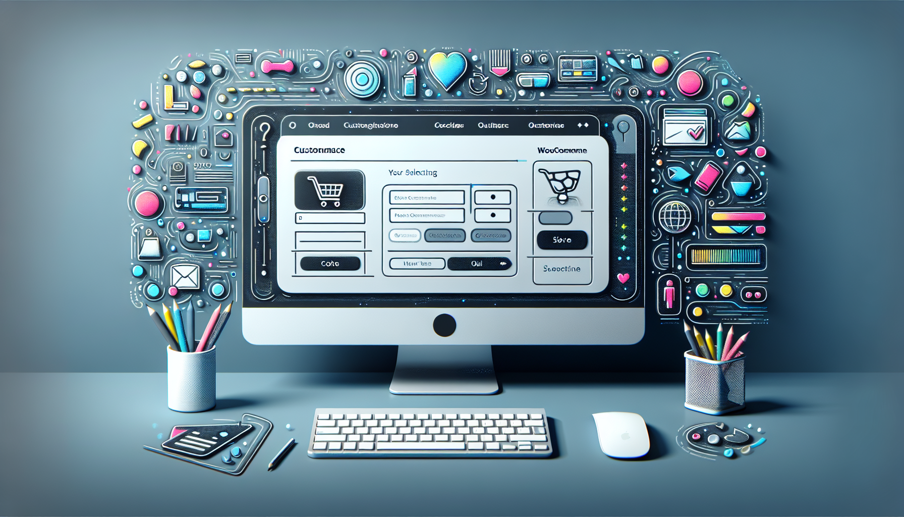 An inviting visualization of WooCommerce customization process. The main focus is on a modern computer screen displaying an abstract representation of WooCommerce checkout fields, each field represented by generic symbols like a shopping cart, credit card, etc. User-selected fields or options are displayed with a touch of vibrance or highlighted. Next to the computer, there's a mouse and a keyboard. The aesthetic is clean, professional, and modern, with a monochromatic color palette for the objects with splashes of color for the highlighted fields. No people, textual elements, brands, or logos are included.