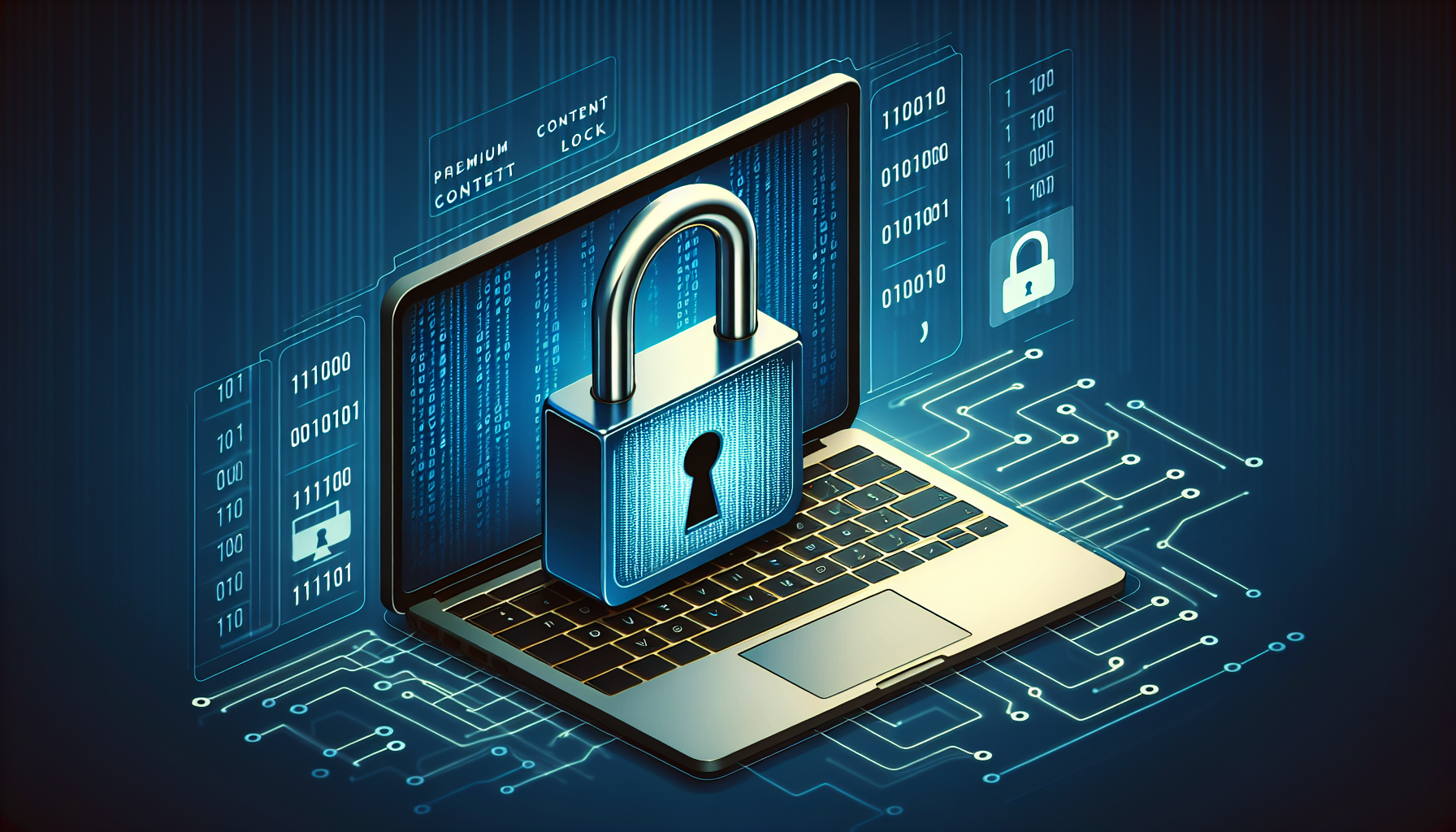 Create a generic web development concept image to illustrate the premium content lock feature in a content management system. The picture can include a closed padlock on a laptop keyboard symbolizing the locked content, as well as binary code or lines of code as the background to represent development work. Do not include any brand symbols, logos, or human figures in the image.