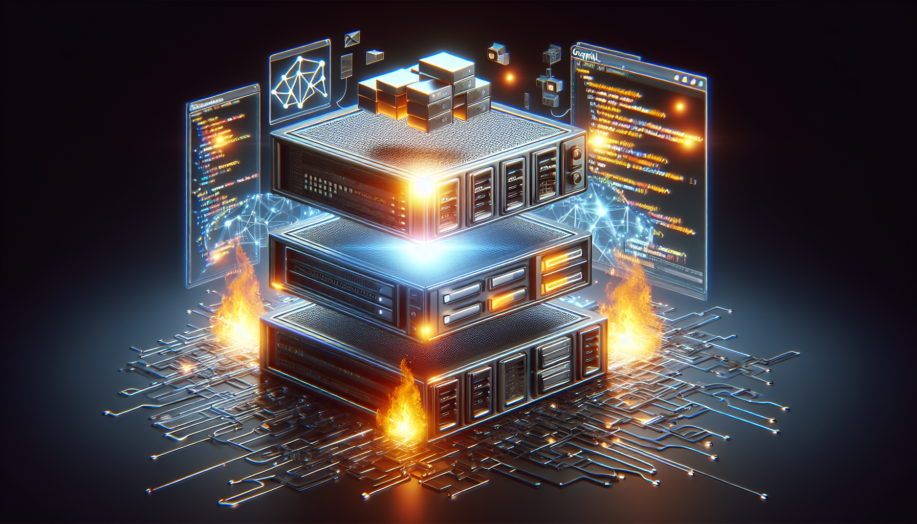A creative digital representation of a futuristic modern API technology layer. There's a visible structure of server, represented with boxy, metallic textures, connected to a sleek, glowing, intricate network symbolizing the connections of GraphQL. On the other side, a dynamic, fiery illustration of PHP scripts, completing the image showcasing the amalgamation of the two technologies. All of it devoid of any human presence, text or recognizable brand.