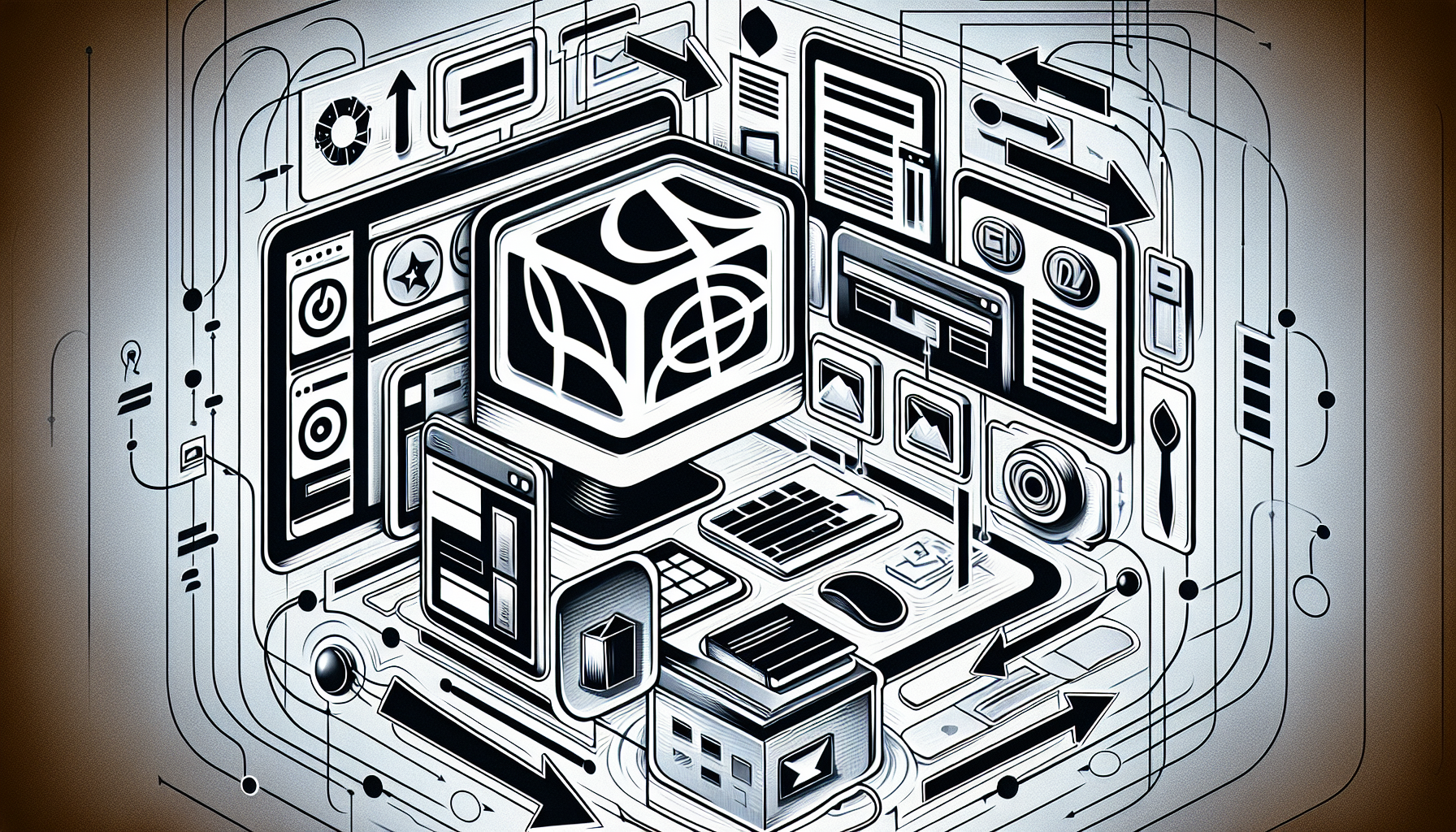A detailed visual representation of the process of integrating custom font icons into WordPress themes. The central focus is a stylized and unbranded computer screen displaying various abstract symbols representing font icons as solid, outlined and semi-filled shapes. In close proximity, there is a WordPress theme layout, abstractly depicted without containing any text or identifiable brands. Arrows and connecting lines signify the integration path from the font icons to the WordPress theme layout. The surroundings are filled with a non-descript digital environment to subtly channel the aura of web development.