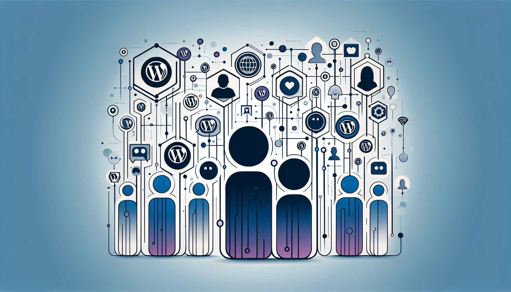 An abstract representation for an online article about enhancing WordPress user profiles. The image shows an array of abstract user icons linked with lines, symbolizing connections. Among them are also abstract symbols for social networking, adding depth to the image. All figures are in a minimalist style and devoid of any brand labels or people. The colors are a mix of blues, purples and whites, evoking a digital, web atmosphere.