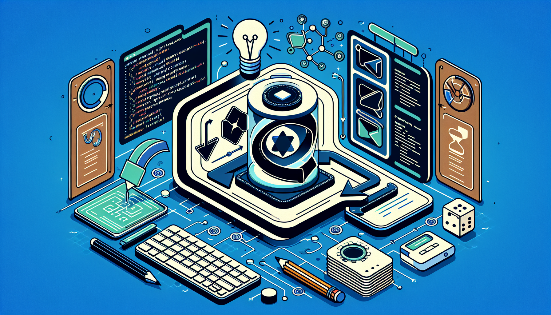 Illustrate an image depicting the concept of creating a dynamic content revision and rollback plugin for a generic content management system. Focus on visual symbols associated with technology and refinement. Show shapes that represent an abstract implementation of a plugin. Displaying visual cues that indicate the process of revising and rolling back changes, such as curved arrows and an hourglass, would also be useful. A keyboard, a code editor and a laptop can also provide context. Ensure that the scene does not contain any text, brand names, logos, or people.