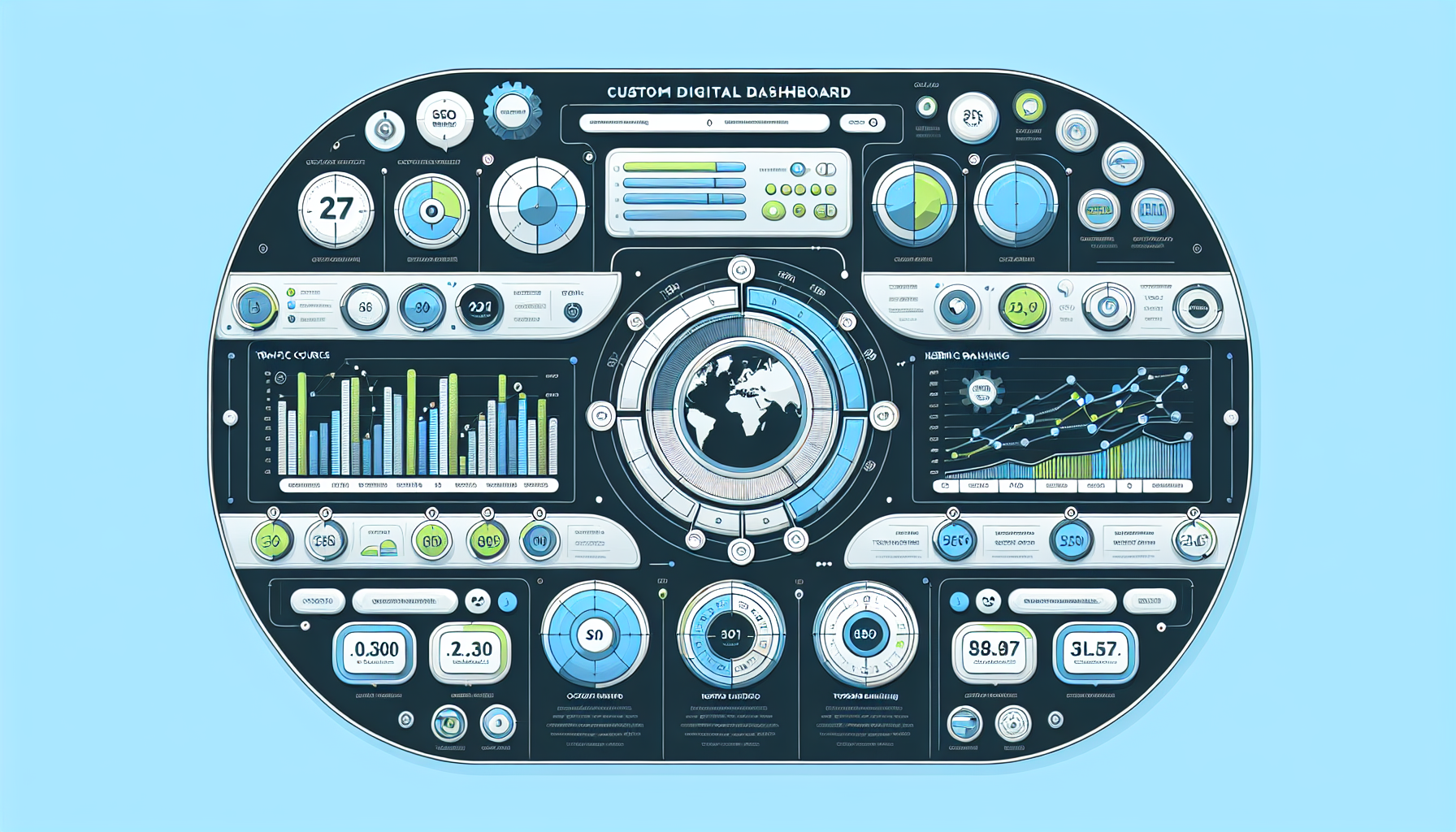 Visualize a custom digital dashboard detailed with various optimized SEO monitoring tools. Exclude all text and brands. The dashboard should be clean, with sections showing bar graphs, pie charts, and line graphs signifying different SEO metrics and elements. Add features like a world map indicating traffic sources, a keyword ranking chart etc. Colors should be pleasant and engaging, use shades of blue, green, and white. There should be no human figures, only the tools and features of the custom Wordpress dashboard for SEO Monitoring.