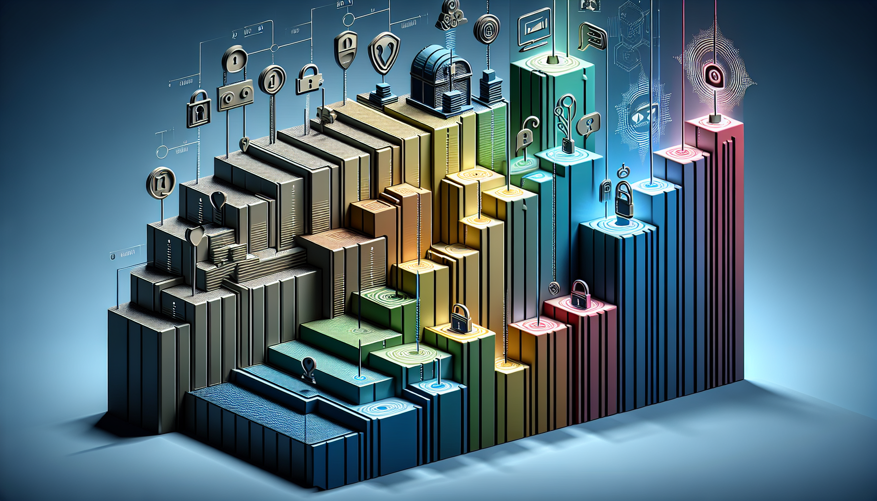An abstract representation of an advanced membership system. The image should portray a series of ascending platforms, which symbolise the tiered access levels. On each platform, place symbolic elements representing different features or benefits of the membership levels - such as icons of unlocked padlocks, treasure chests, or keys. Ensure that the elements progress from simpler to more elaborate as the levels ascend. Color code the platforms to visually differentiate between them. Maintain an abstract, modern style. Avoid including any real-world brand names, logos, text or human figures.