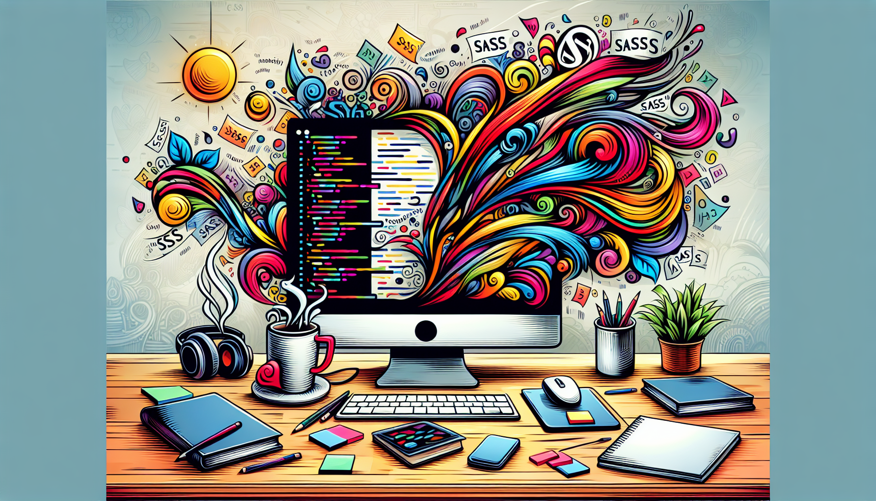 A vividly expressive visual interpretation of a web development environment, specifically focused on WordPress theme development workflow improvement. Prime emphasis is put on symbolizing Sass, a scripting language for simplifying and enhancing CSS. Illustrate a sleek workstation featuring an abstracted representation of code on the computer screen, with a cascade of colorful style sheets symbolizing Sass. Add in other elements typical of a developer's workspace like coffee mug, headphones, notes but ensure they don't contain text or brands. All should carry an aesthetic of orderliness and efficiency.