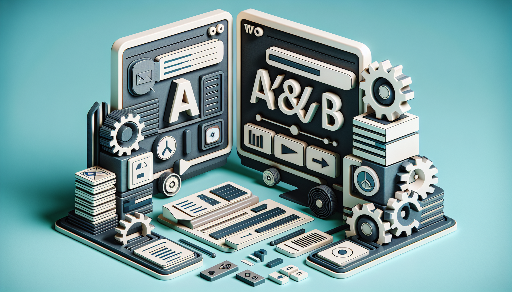 A detailed image conveying the concept of A/B testing, content customization and WordPress plugin development. It could manifest as a computer screen showing two different layouts, each layout being a representation of A and B scenarios, with abstract symbols but no text or brand names. Beside the screen, a 3D model of gears and cogs, symbolizing the plugin development process, with a WordPress-like but not identical logo. All shapes and symbols are visually independent and detached, reflecting a sense of modular plugin behavior. The overall color scheme is an appealing balance of teals, greys and whites.