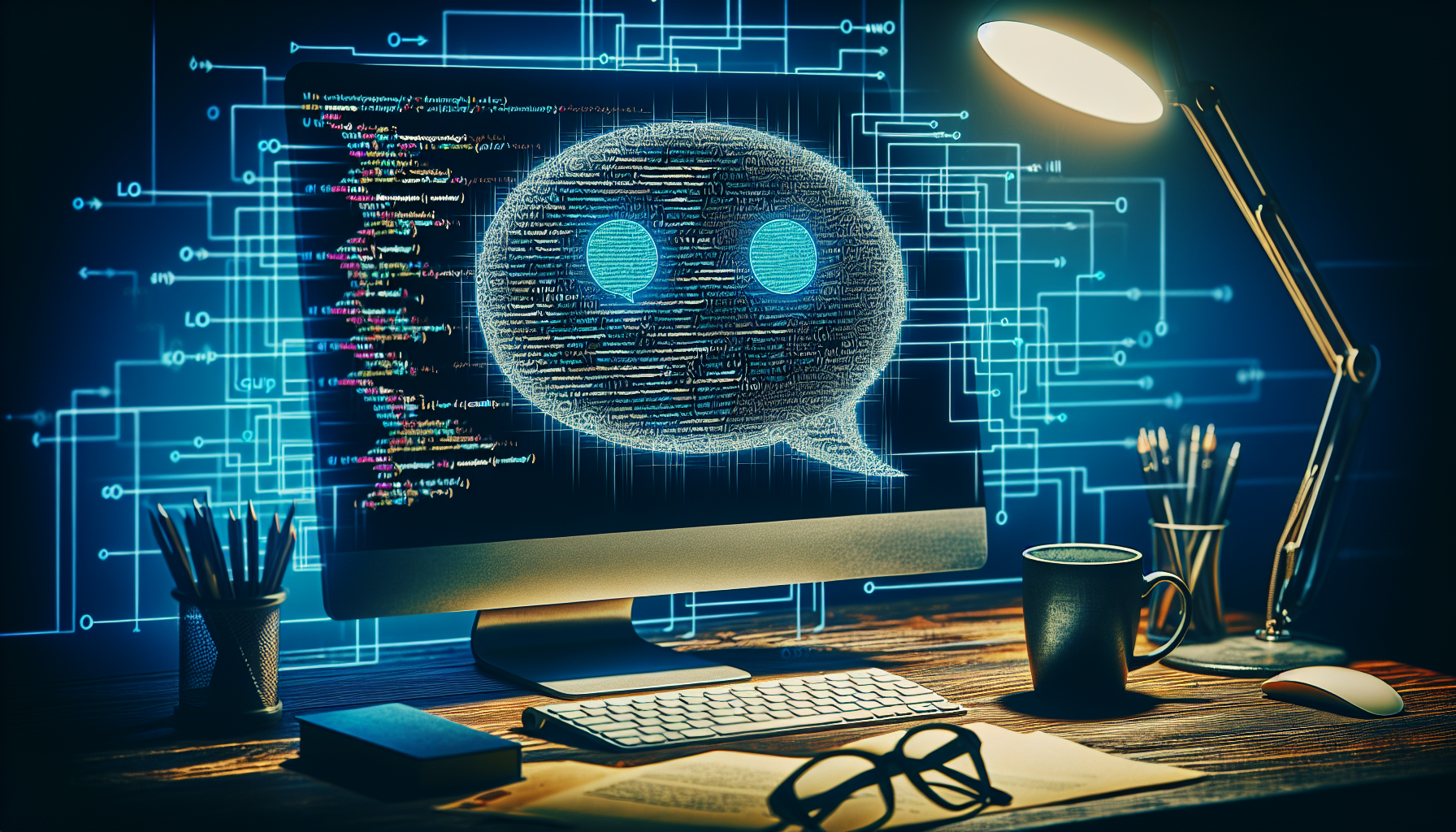 An image representing real-time chat functionality in the realm of web development, without any people. Visualize an abstract concept of WordPress plugin development, indicated by well-organized, neatly aligned lines of code on a computer screen. The code forms an abstract outline of a chat bubble, signifying the concept of a chat plugin. Near the screen, a coffee mug and a pair of glasses lays, suggesting a programmer's desk. No text, brand names, or logos are included in this picture. An intriguing mix of cool blue light illuminating from the computer screen and warm ambient light from the surroundings make up the composition.