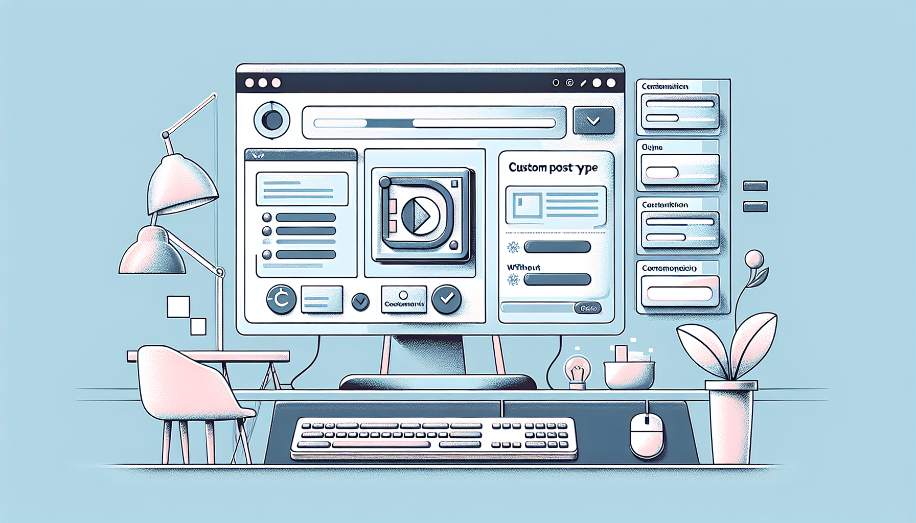 An illustration showing a customization process on a computer screen. On the screen, a user-friendly interface with several modules and widgets is visible, representing a content management system but without direct branding. A distinct widget is highlighted, symbolizing a custom post type. The design should not include any text, people, brand names, or logos. The surrounding environment can be a minimalist office setup with a modern desk and chair, a contemporary keyboard, a mouse, and a plant for a touch of greenery.