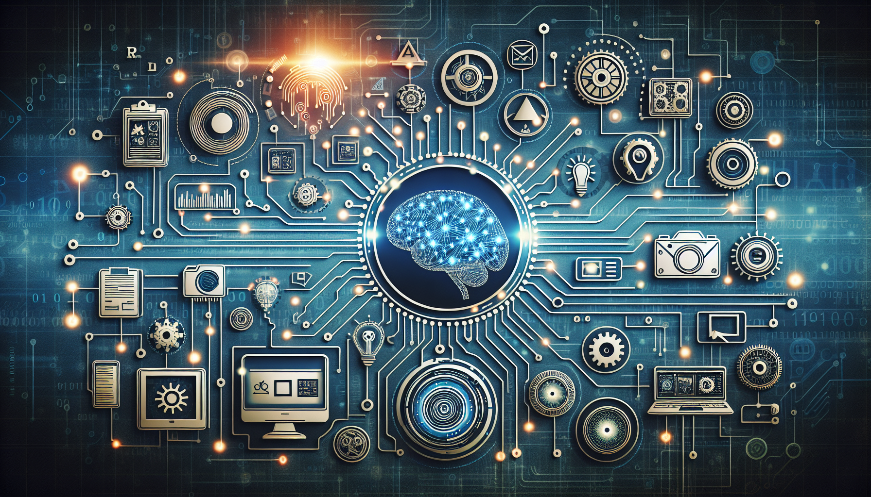 An abstract concept of a computer using artificial intelligence to automate the selection of featured images. Show various symbols related to technology, such as interconnected nodes that symbolize AI networks, a computer screen, and photographic images to represent the featured images being selected. The technologies and images should have a mechanical and automated feel. Further represent AI with a stylized brain made up of circuitry. However, make sure to avoid any brand names, must not include people, text or logos in the visualization.