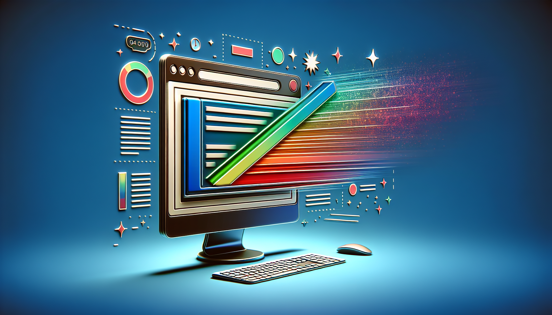 An abstract, conceptual image representing the idea of adding a dynamic progress bar to a blog post. The main focus of the image could be a stylized, non-branded computer screen displaying a blog article that incorporates a generic progress bar. The progress bar, potentially depicted in a vivid, attention-grabbing color, could be shown filling up, illustrating the concept of tracking a reader's 'progress' through the post. All elements in the image should be devoid of text, adhering to a minimalist, universally understandable aesthetic.