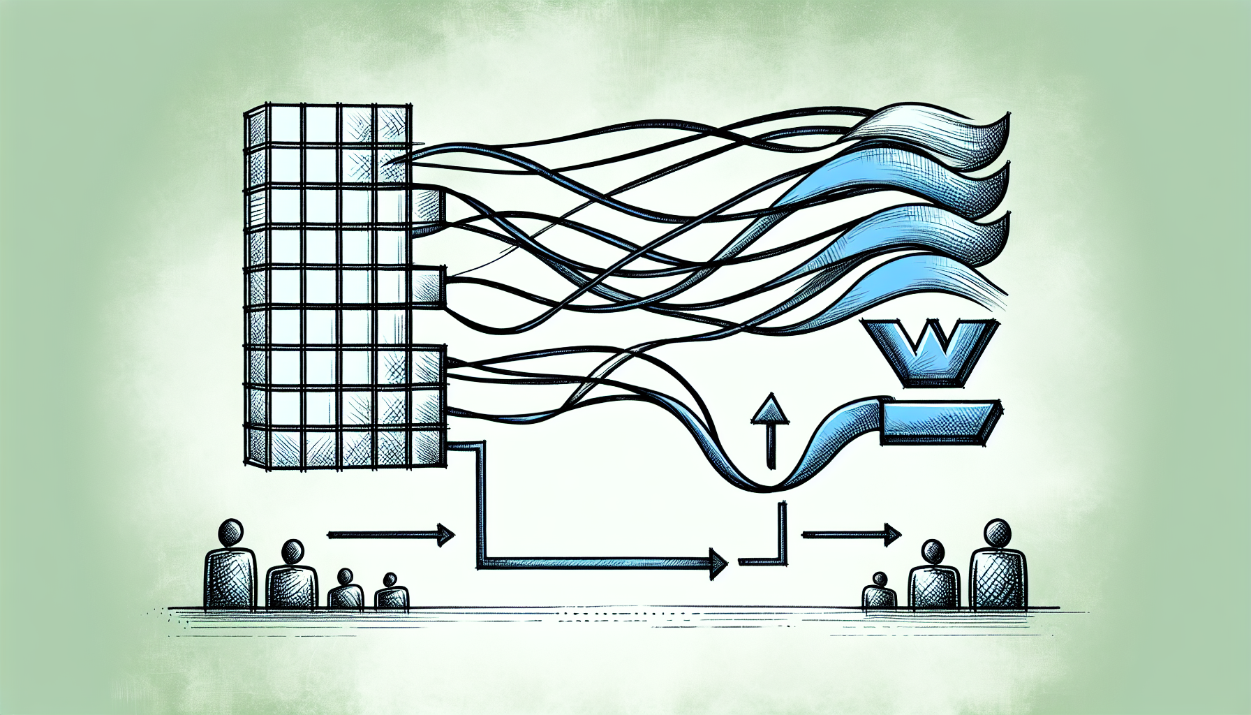 Draw an abstract image that represents data integration. Display a series of flowing lines connecting two abstract shapes: one symbolizing a spreadsheet with gridlike lines and the other, a stylized 'W' shape to symbolize a common web administration symbol. Ensure the gridlike lines are light blue and the 'W' shape is gray. The flowing lines indicating data transfer should be green. Include no people, no text, or brand-related symbols in this image. Emphasize the exchange of data between these two different elements without explicitly referring to specific brands.