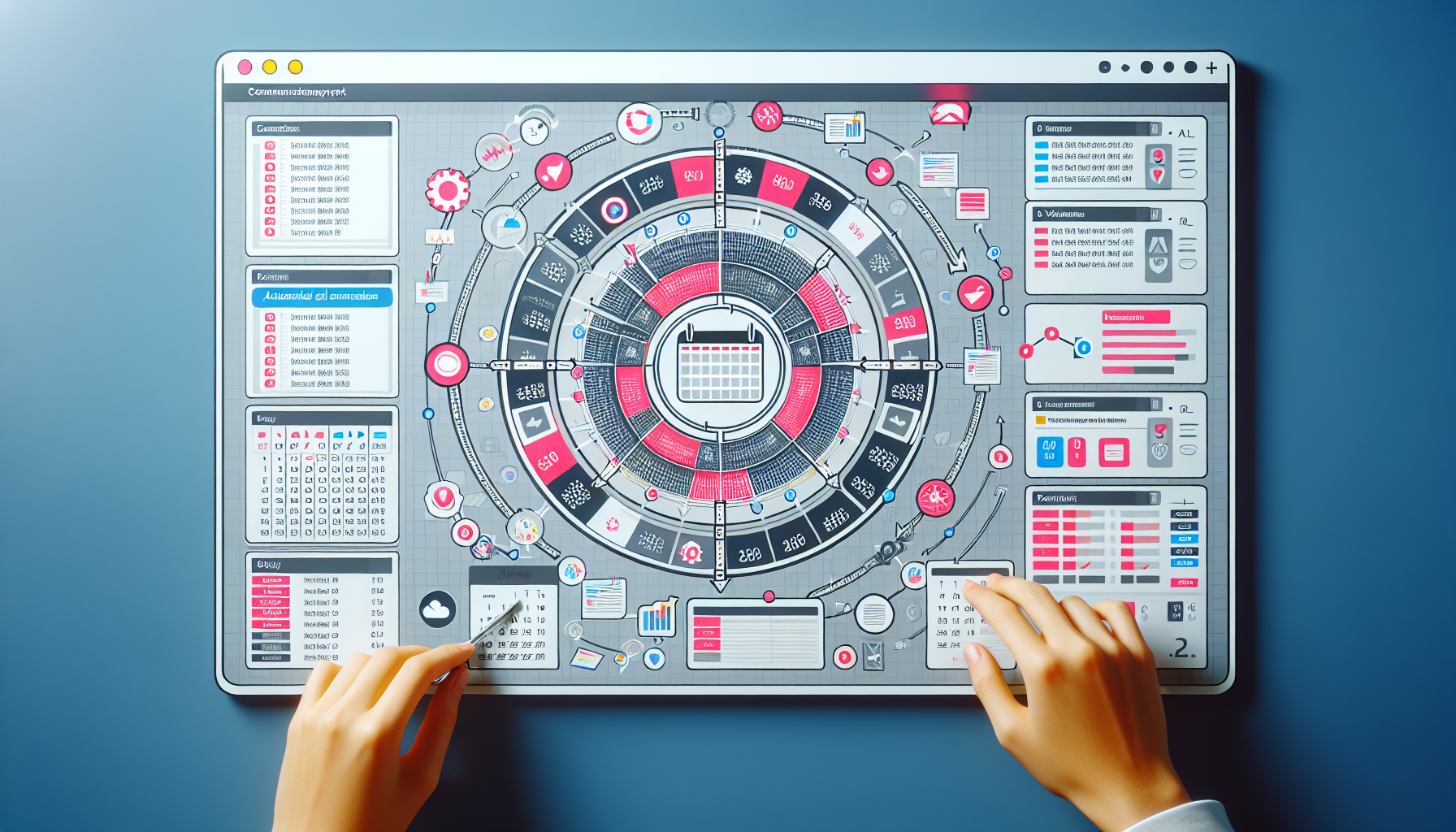 Visualize a generic content management system interface that resembles WordPress, but without any brand names or logos. Show a simple, clean, oganized digital calendar on the screen, filled with color-coded events. The process of automated updates is depicted by an abstract symbol, perhaps two circling arrows. Please do not include any people in the image and ensure all elements of the image are text-free.