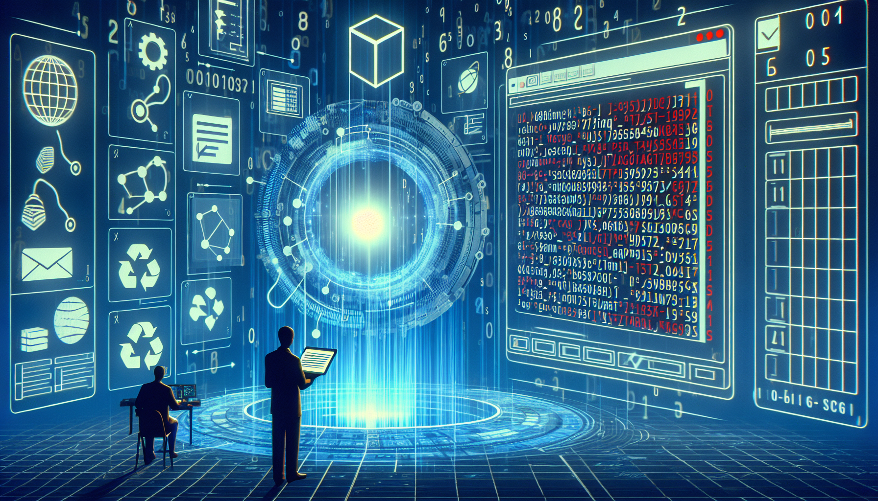 Depict a synthetic visual representation of the task of using a popular web programming language interacting with a generic online spreadsheet API. Illustrate the unidentified script being transformed into data cells representative of the online spreadsheet. Ensure that there are no text or brand insignia visible anywhere in the image. Also, make sure not to include any human figures in the scene.