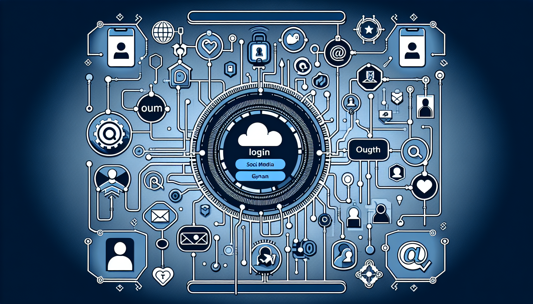 Visual representation of a unique user login process being developed for a popular content management system. It should show various social media icons (generic, no brand names) being integrated via OAuth for a seamless login experience. No text and no humans should be included. It should give off a techy, streamlined, user-friendly vibe. The color scheme can be blue, grey and white.