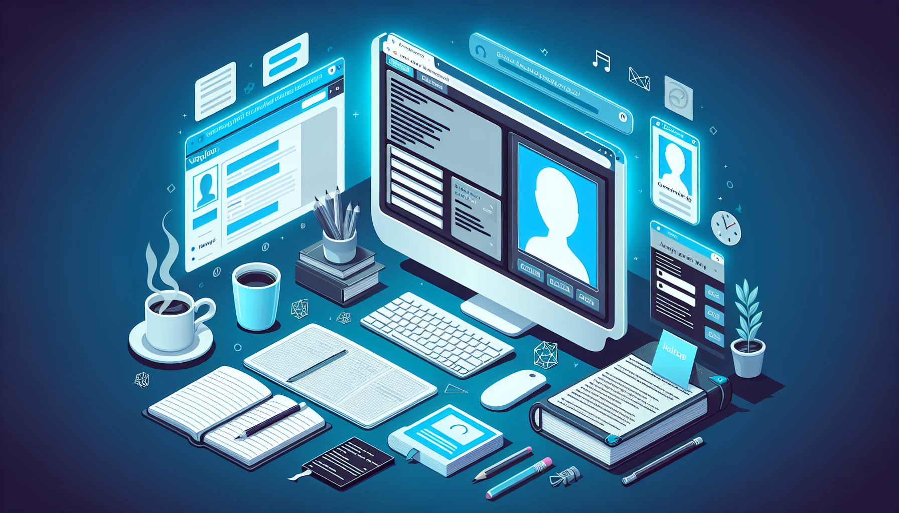 An image illustrating the process of building a WordPress plugin for customizable user avatars. Picture a digital workspace with a flat desktop containing several elements: a glowing computer screen displaying a generic, non-branded plugin interface with a default avatar outline, a web browser window on the side presenting code development, and various programming books spread out. On the desktop, there's also a cup of coffee and a notepad with a pencil symbolizing brainstorming. The color palette is very modern, including tones of blue, white, and grey. Remember, the image should contain no people, text, brand names, or logos.