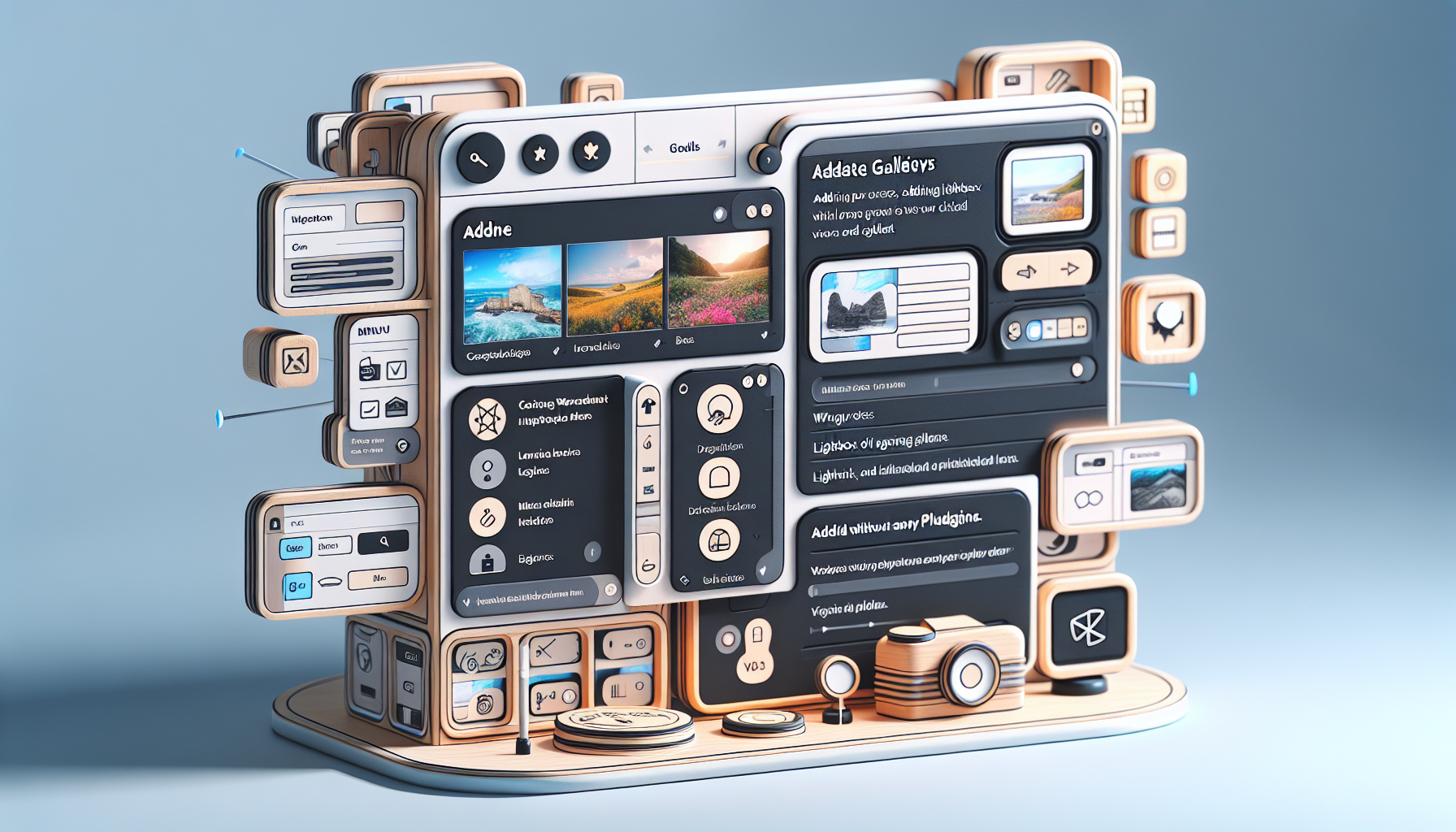 An intuitive and appealing interface of a content management system similar to WordPress, exhibiting its capability of creating galleries. The interface is showcasing its various features, structure, menu elements, and widgets. A particular feature is highlighted, demonstrating adding a Lightbox-like feature, which enables larger views of images when clicked, functioning without any additional plugins. The aesthetic of the interface is clean, simplistic, and user-friendly, excluding any brand names or logos and does not include humans, either real or illustrated.